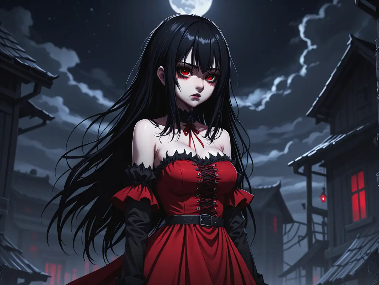 Goth girl black hair red dress on poor night, best details , FHD anime berserker 