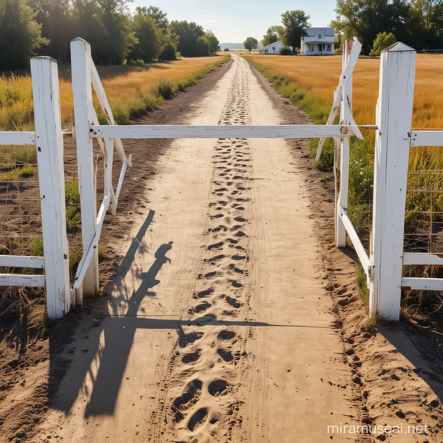  magical whispy  painting of horse tracks and boot tracks on a dirt road near an open white wooden  farm gate
