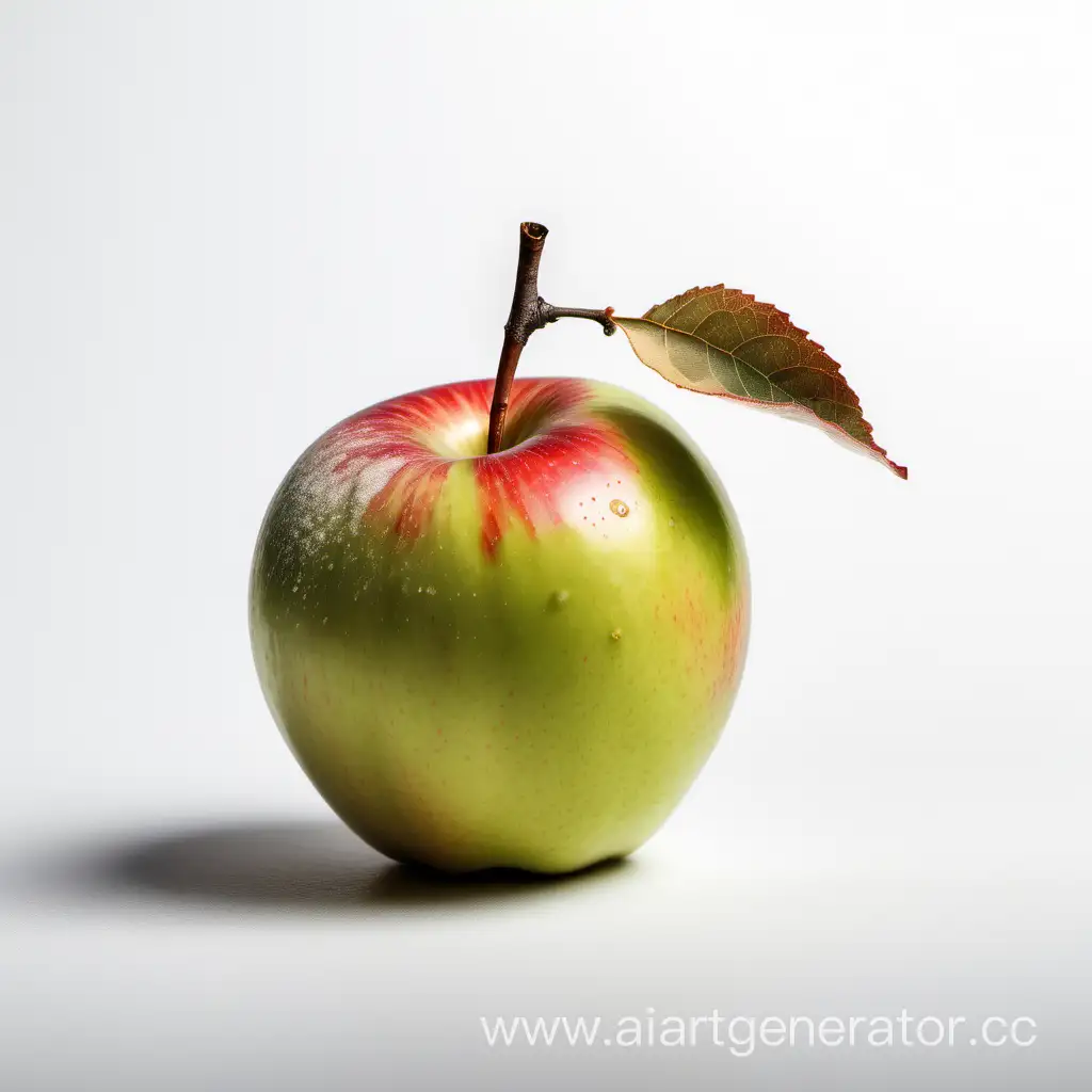 одно зимнее яблоко, максимально детализированное, контрастное, небольшая ветка с одним листиком, вид сбоку, на белом фоне, выраженная композиция