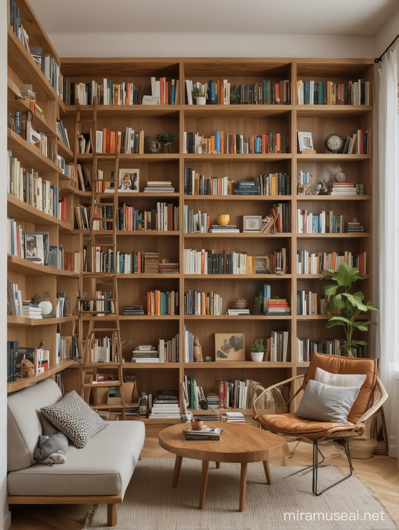 On one side of the family corner, there is a large bookshelf filled with various books and decorations, adding a touch of cultural atmosphere to the space, allowing people to relax and contemplate while reading.
