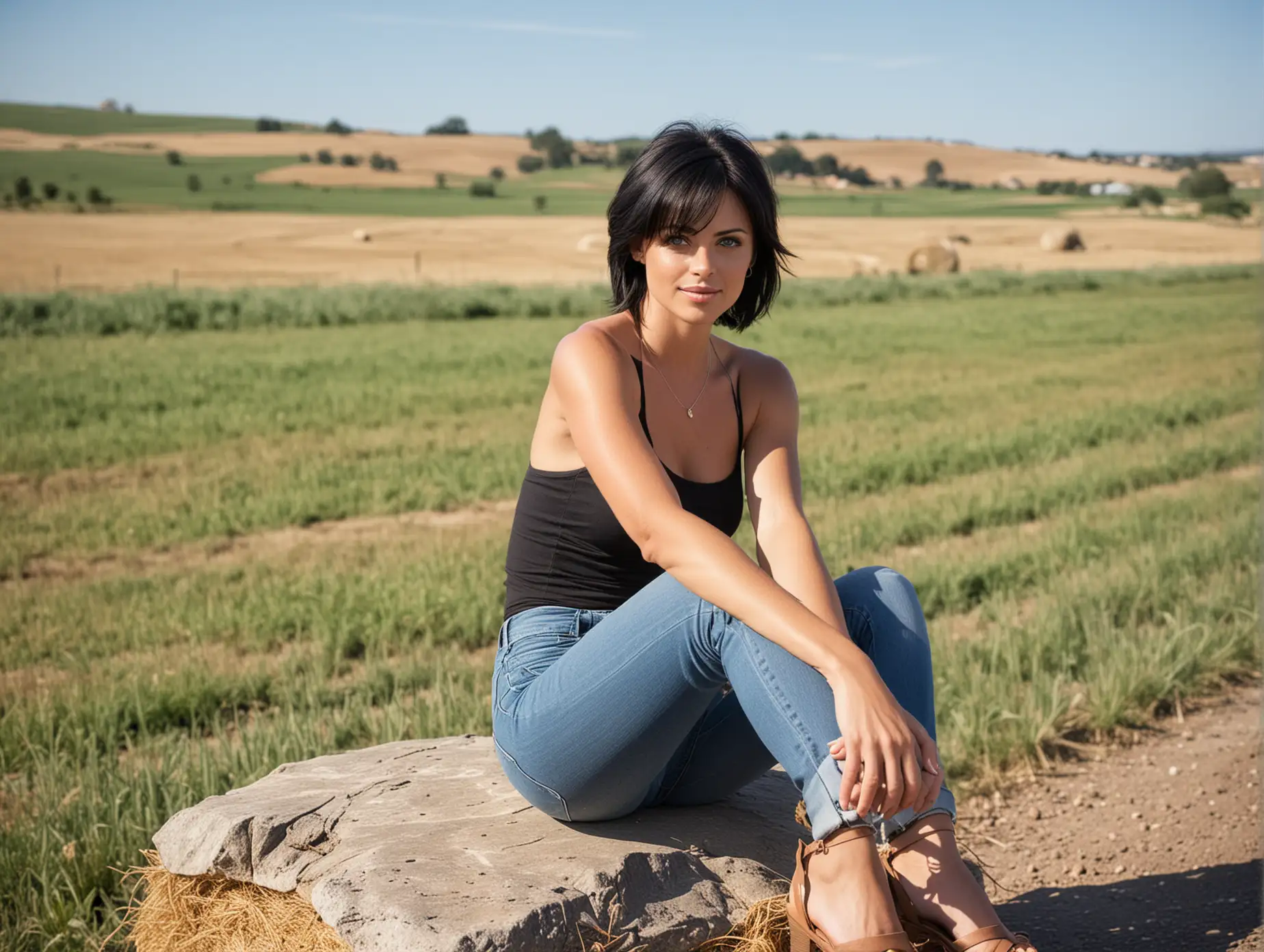 29 year old woman,short black hair ,blue eyes,jeans,halter top,sitting on rock,near country road ,full figure,low heeled shoes,road in background,hay field in background