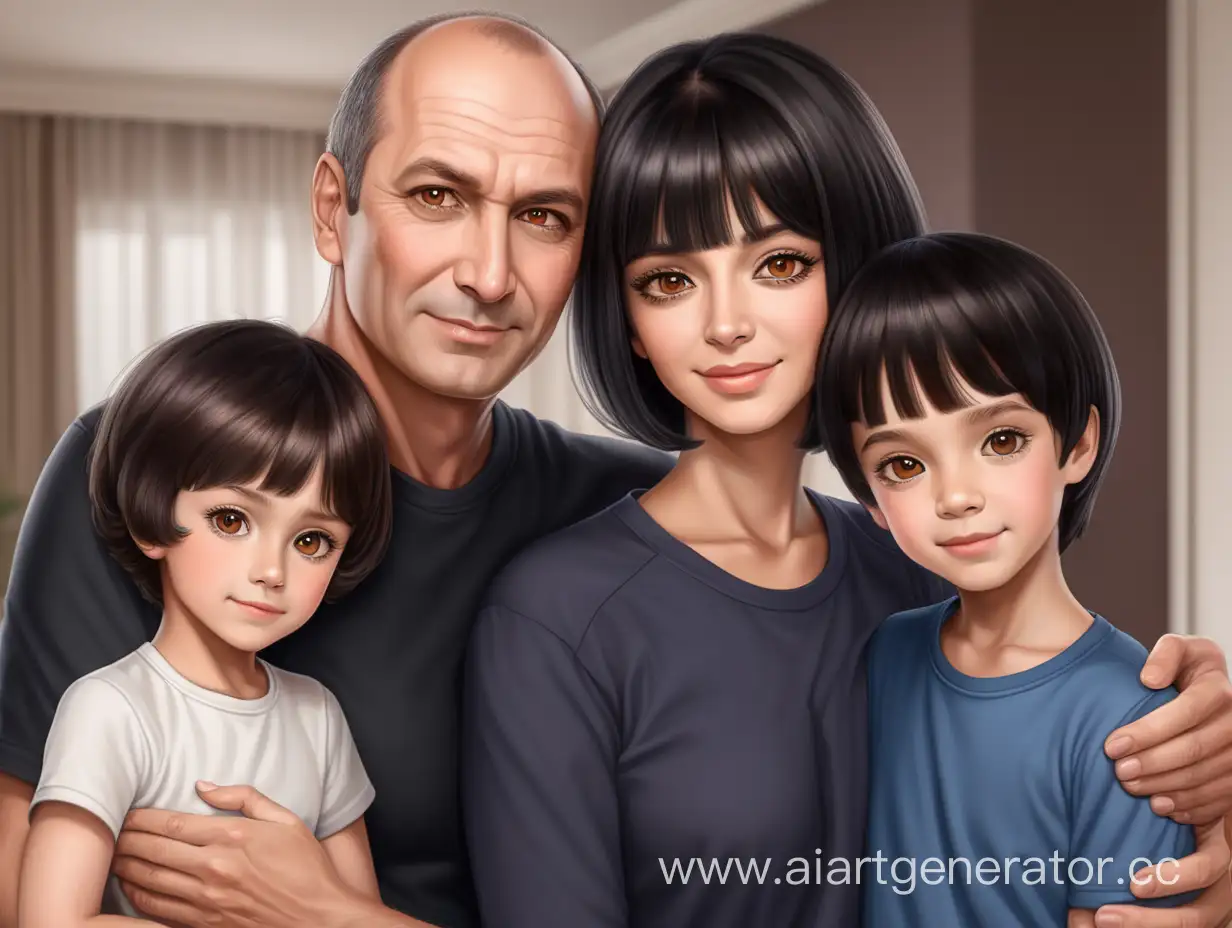 a family of 3 russian people:
dad is 52 years old, very short hair, balding, normal build, brown eyes 
mom is 50 years old, medium length black hair, bob haircut, slim build, brown eyes 
my son is 10 years old, black hair, strong build, black eyes
