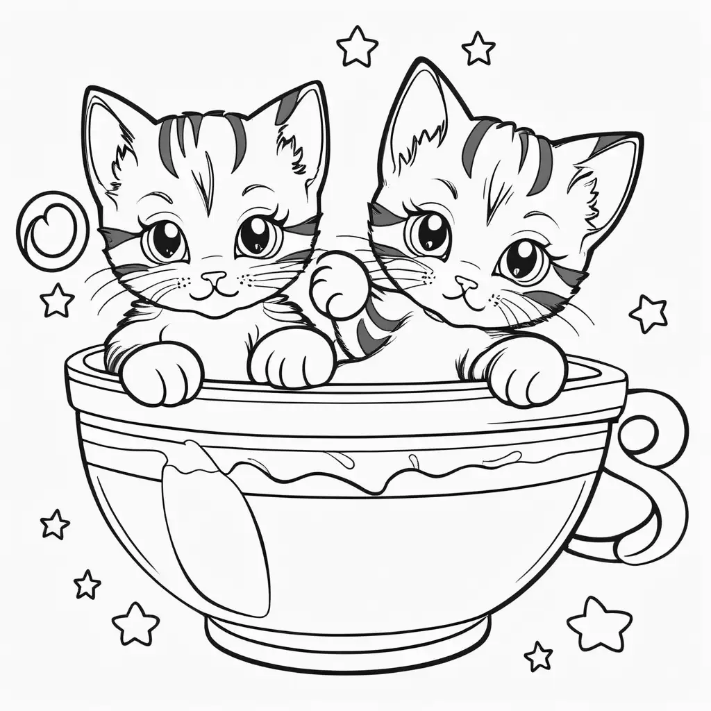 create a very simple coloring page with very cute and Two kittens sharing a milk bowl