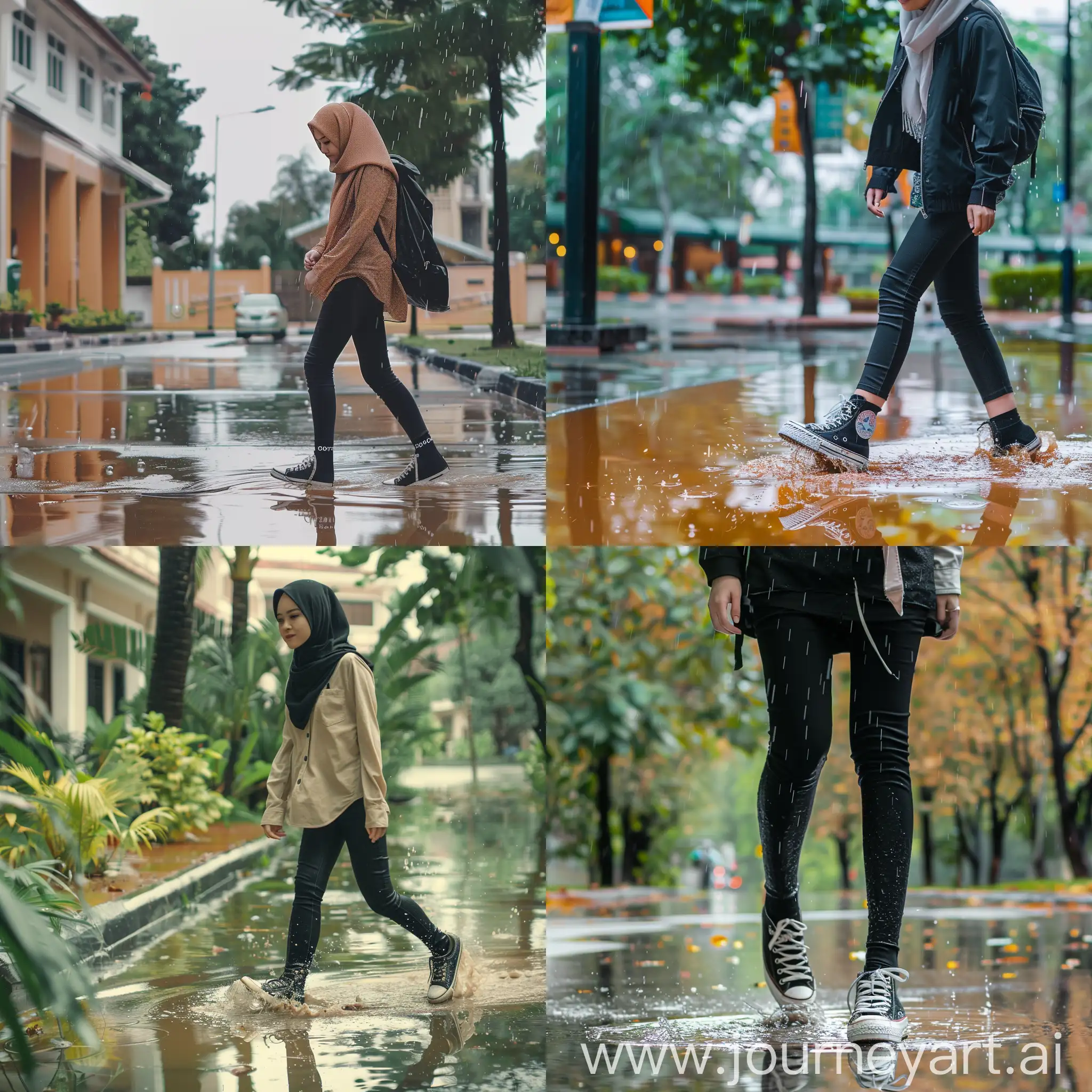 A beautiful malaysian hijab girl wearing casual clothes, black skinny pants, black converse and black socks walking and getting full drenched in heavy rain and also stepping into rain puddles.
