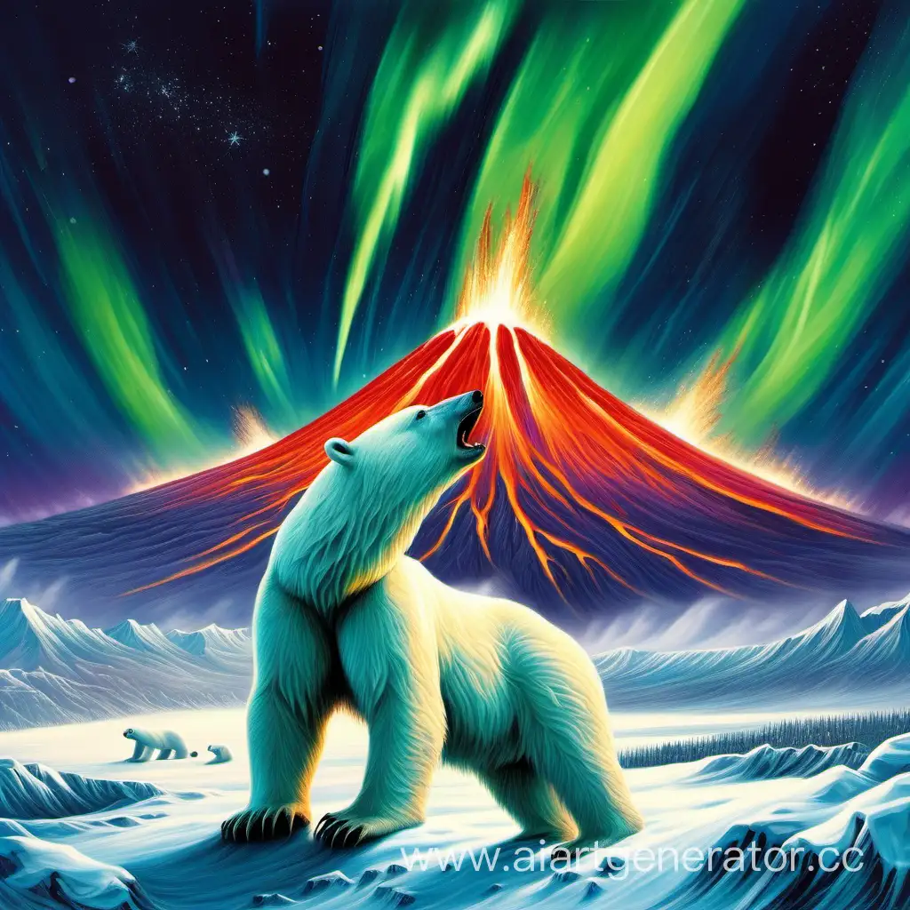 Извергающийся вулкан, белый медведь, северное сияние
