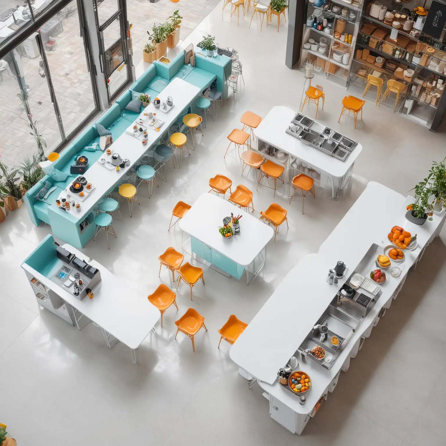 top view ai hologram bright cafe shop with ai technology and lots cafe furniture and tables and bright colors and very high technology  white floors top view bright colors hologram very modern top view of cafe shop and kitchen 
