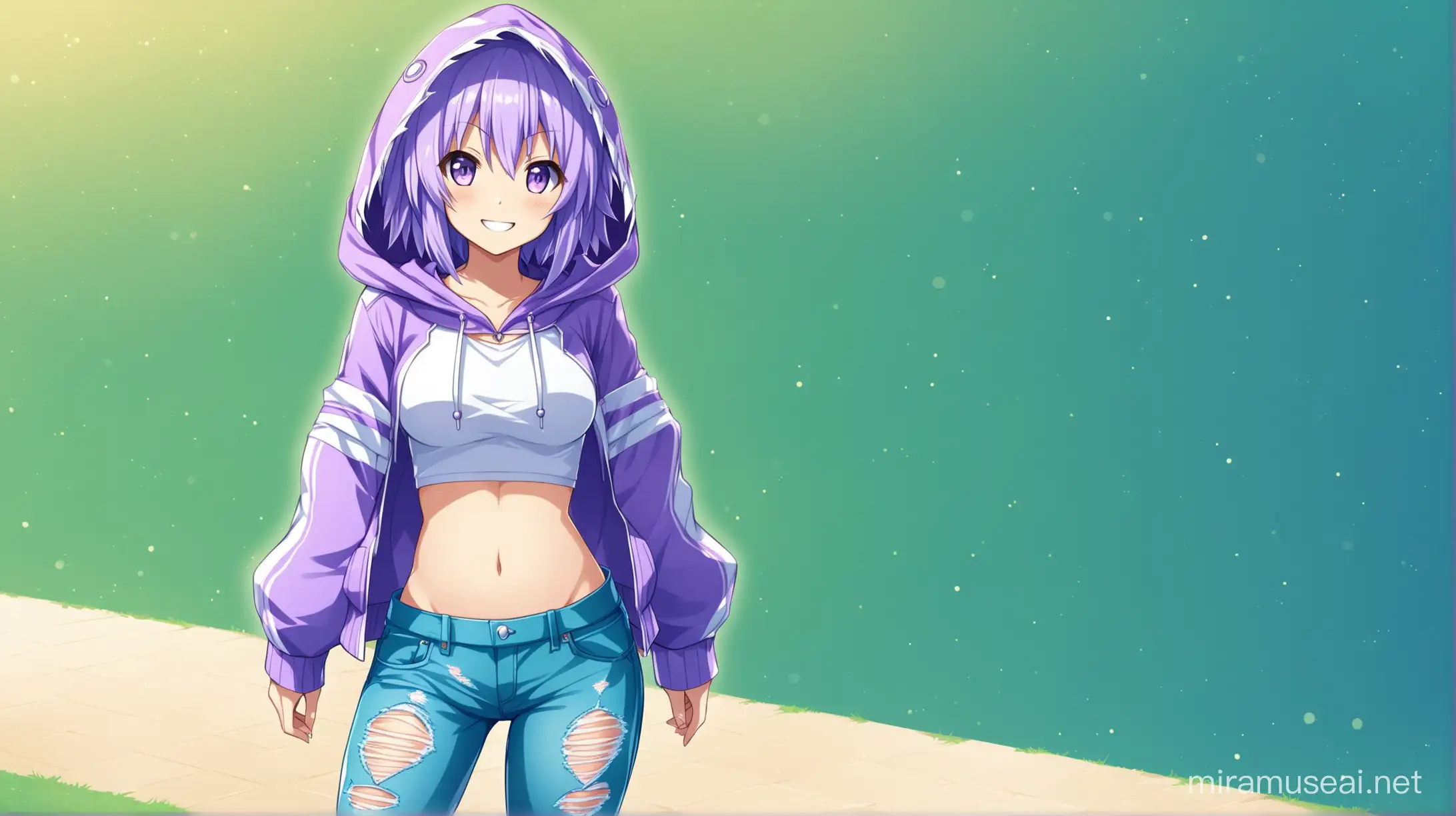 Draw the character Neptune from the Hyperdimension Neptunia series with short hair standing alone outside while she is wearing ripped jeans and a hooded jacket showing her midriff and smiling at the viewer