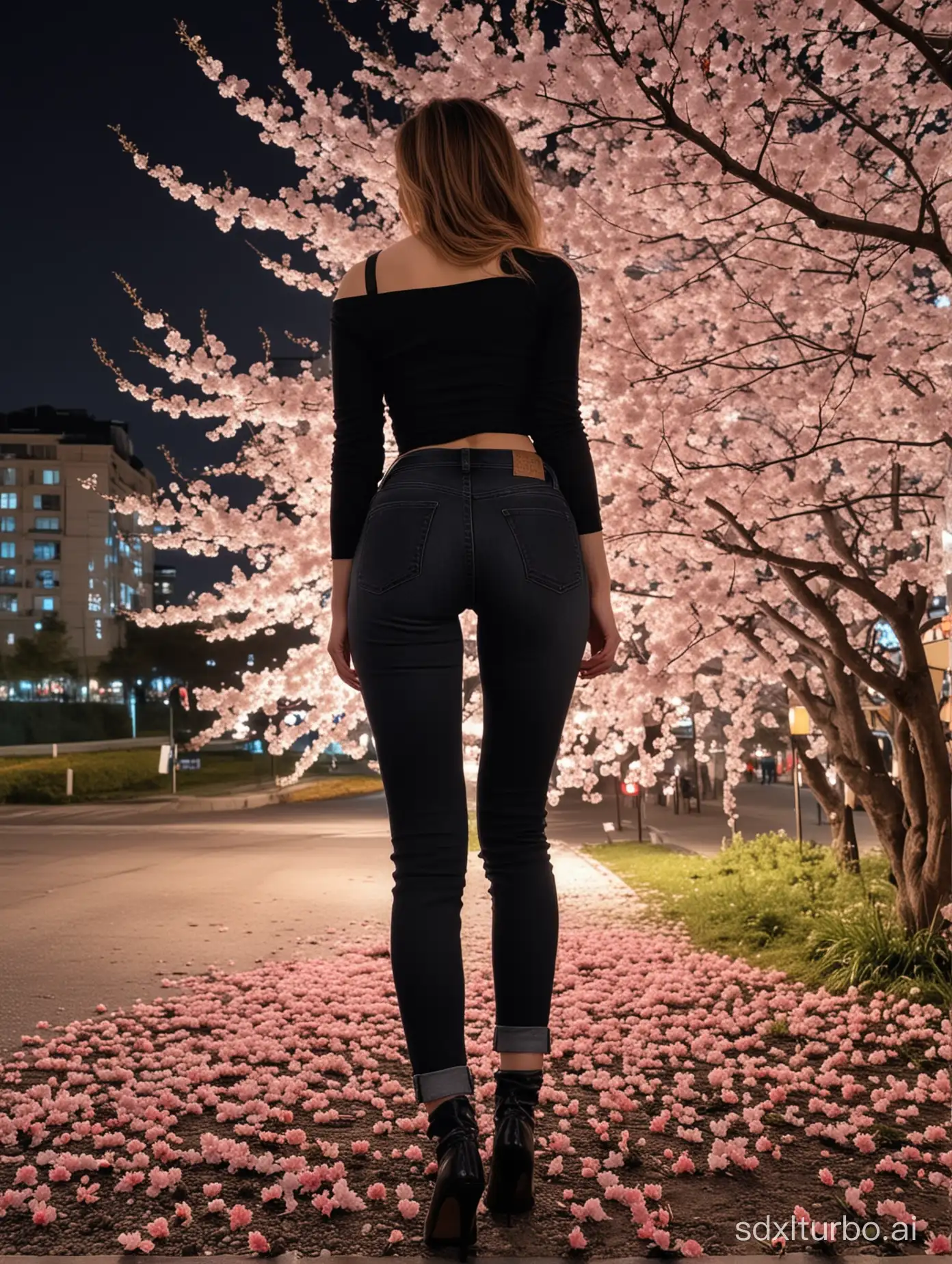 Masterpiece, top quality, super delicate, real, night cherry blossoms🌸, illumination, woman in the back in black jeans