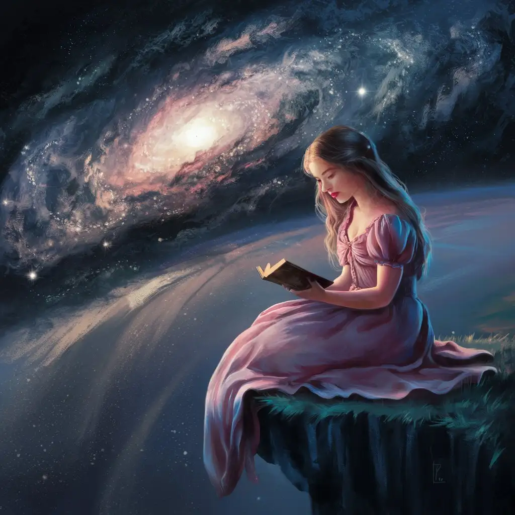 девушка сидит на обрыве и читает книгу, с видом на  космос