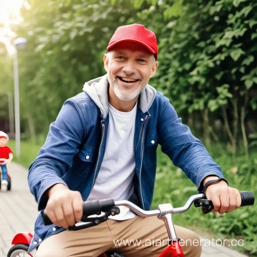 Joyful-Adult-Man-Sitting-in-Childrens-Bike-with-Toys