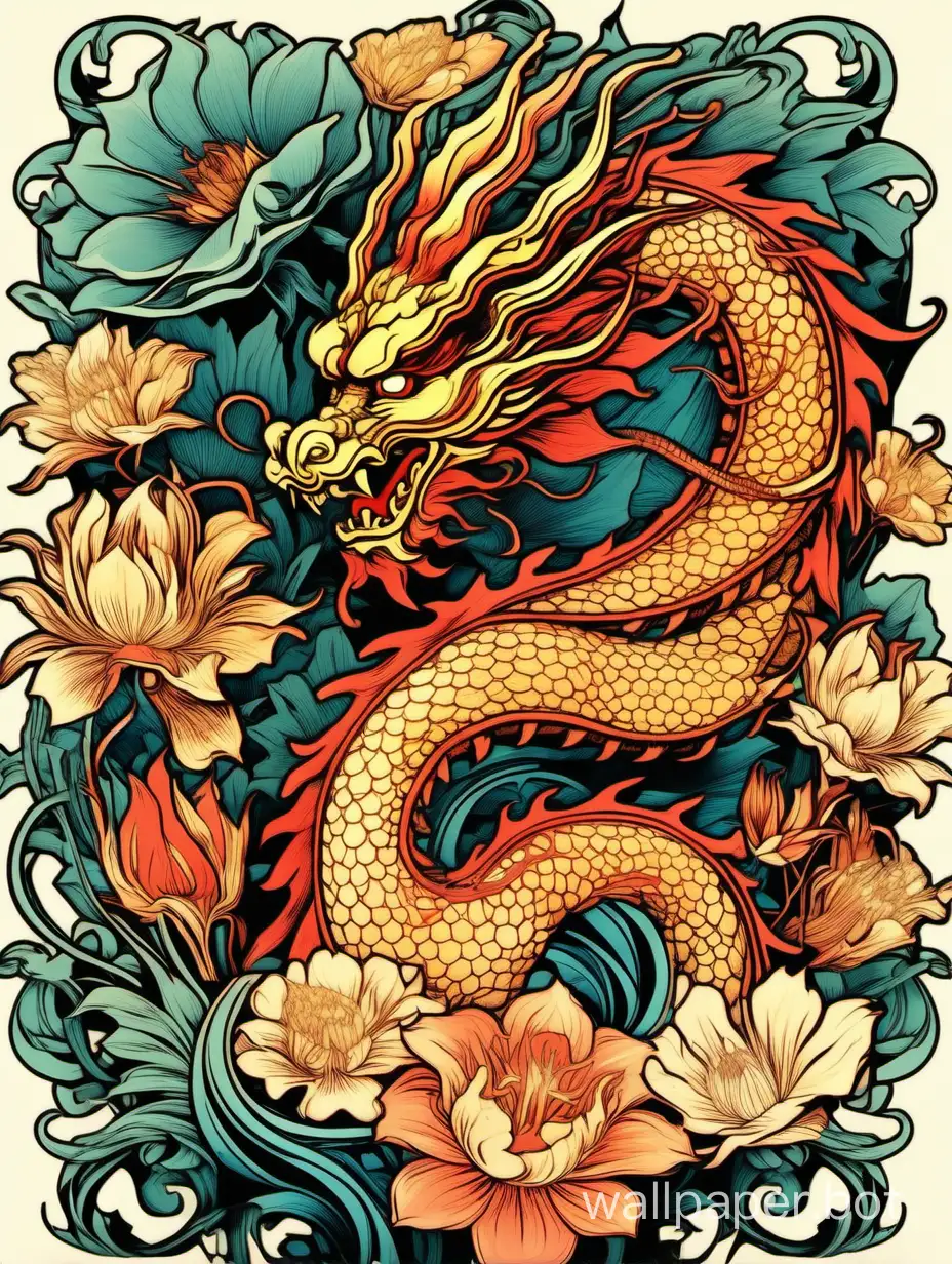 Vibrant-Chinese-Dragon-Flower-with-Explosive-Wildflowers-Pop-Art-Poster-Inspired-by-Alphonse-Mucha