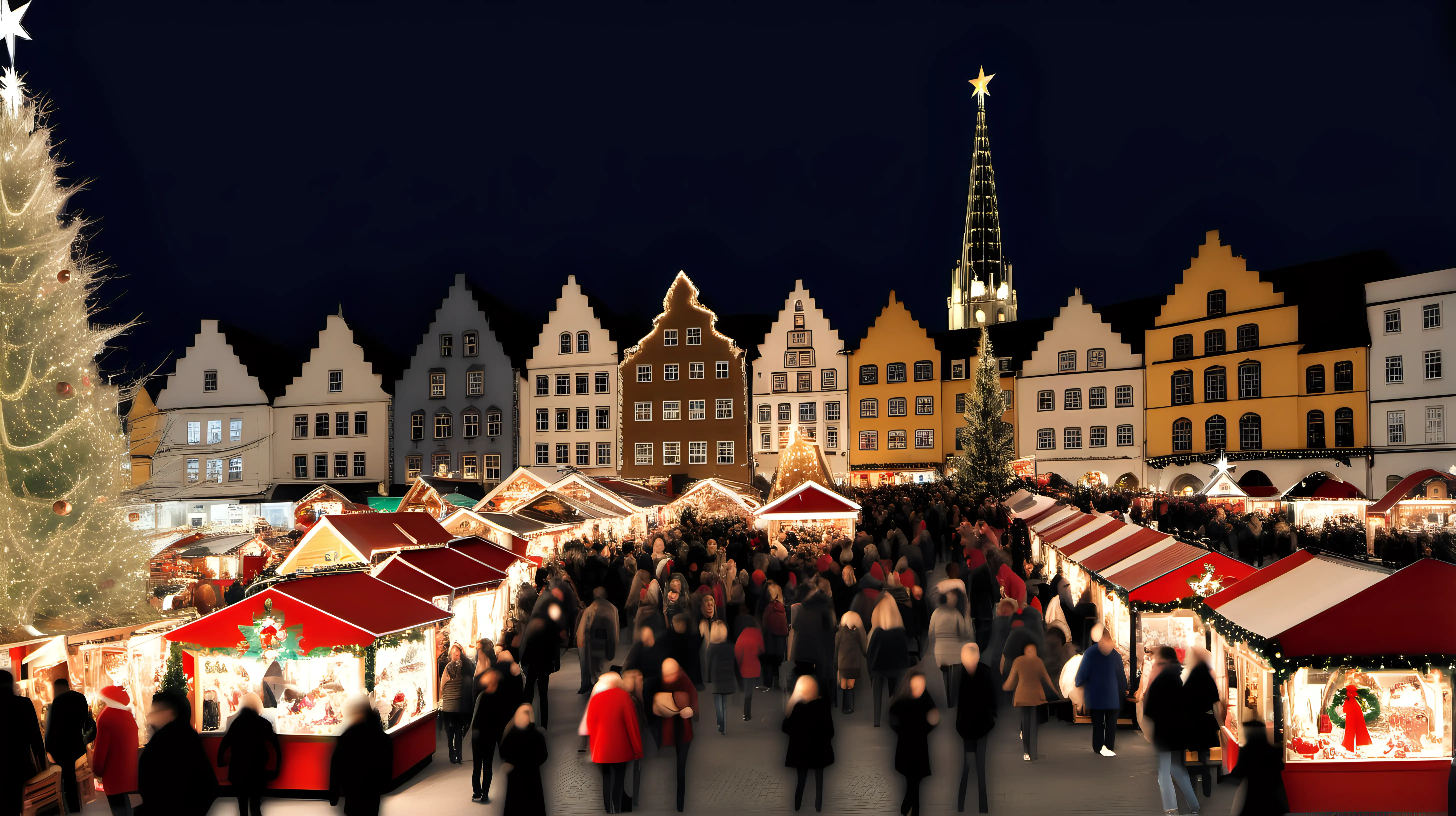 "Capture the enchanting beauty of a Christmas market bustling with shoppers and twinkling lights."