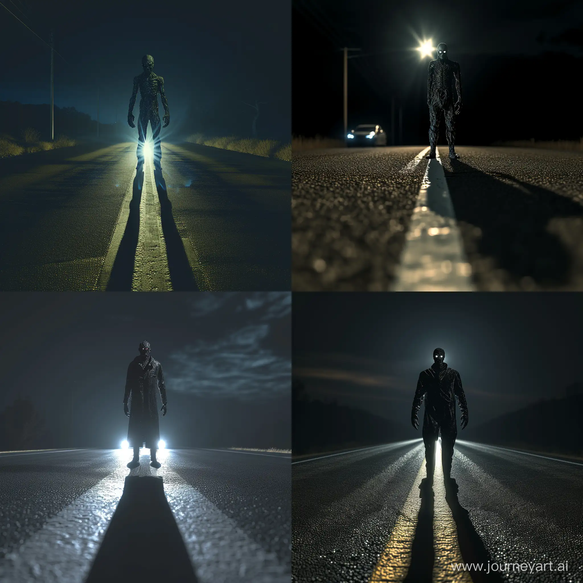 The creeper (from Jeepers Creepers) standing in the middle of the raod at night, car cockpit veiw, headlight full beam, first person veiw, ultra realistic, photorealistic, 8k, full body