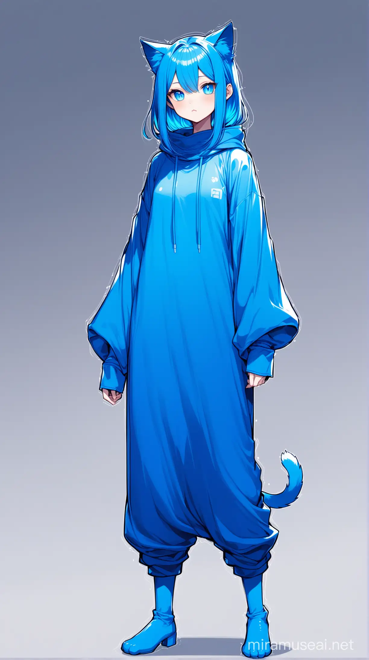 un chat comme humanoïde Bleu électrique au cheveux couleur Bleu électrique, porte de longs vêtements