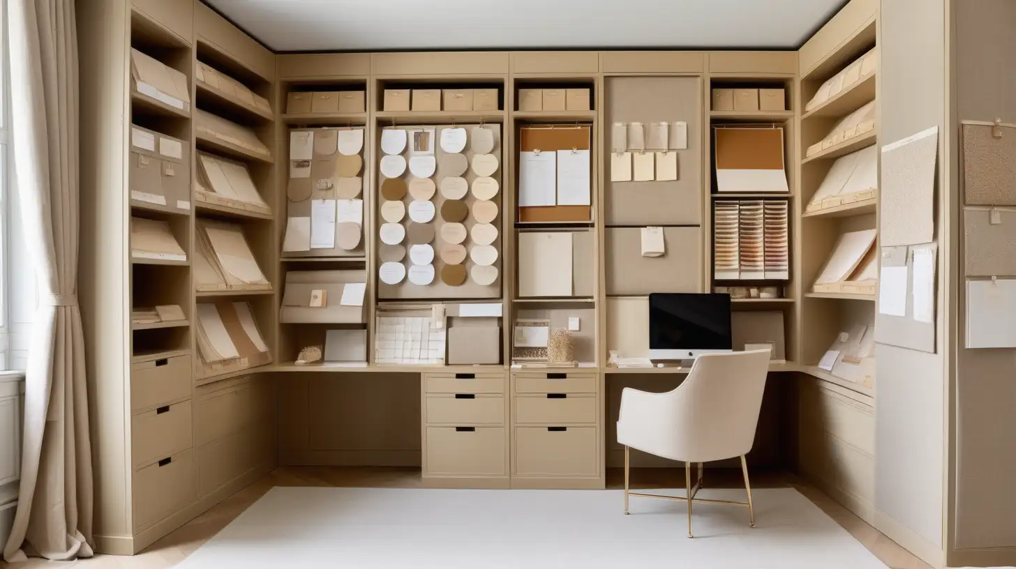Modern Parisian, elegant Interior design office for two; linen pinboards with designs and samples pinned on them; built-in sample storage with hanging fabric samples; beige, light oak, brass, ivory colour palette