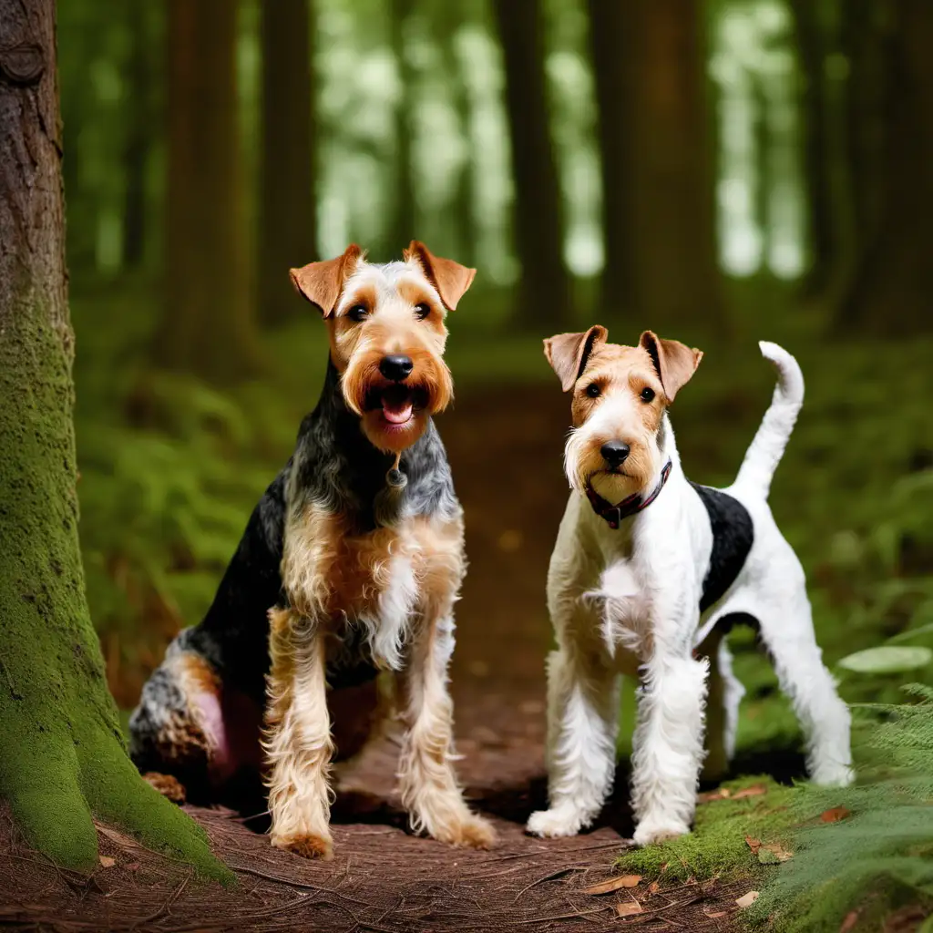 Playful Wirehaired Fox Terrier and Airedale Terrier Exploring Enchanting Forest