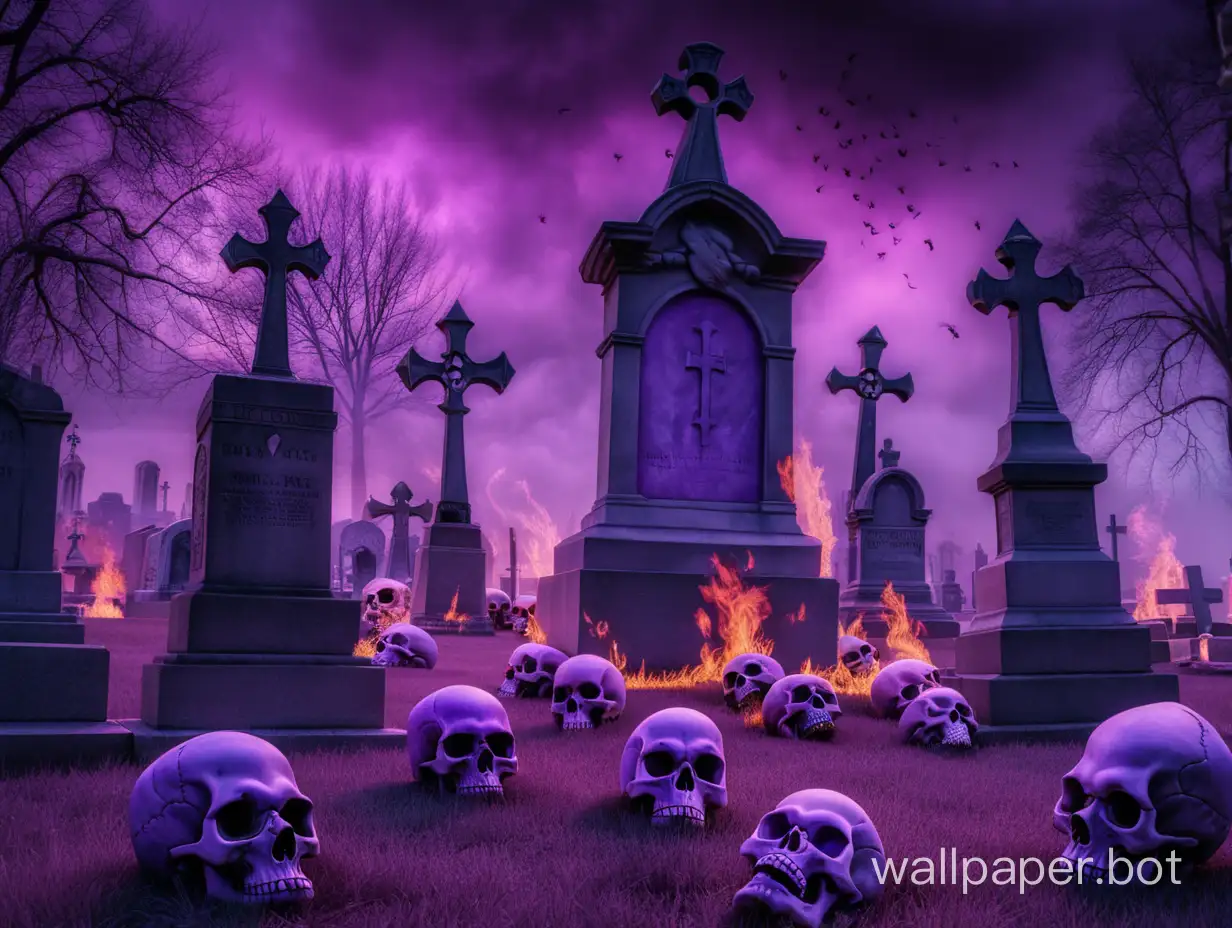 черепа в фиолетовом огне на фоне кладбища
