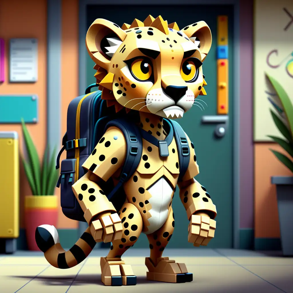 nft-style pixel art of a humanoid cheetah with a backpack on ready for school