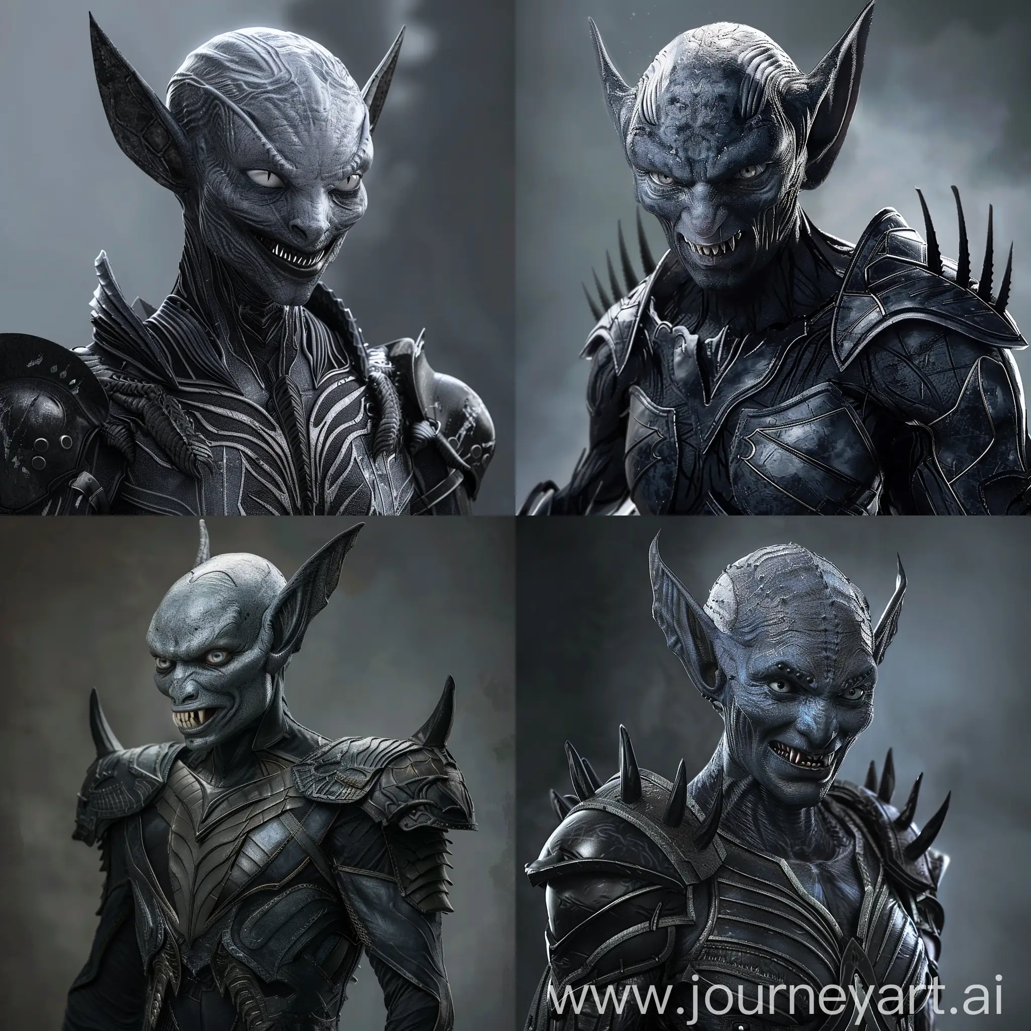 charcoal skin alien with light grey eyes, fangs, elf ears and obsidian battle suit, black claws, a smirk on his face, ridges on his armor shoulder plate