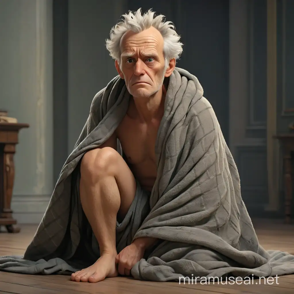 Philosopher Arthur Schopenhauer is sitting on the floor, wrapped up with his head in a blanket, he is sad, he is scared. We see him in full height. In the style of 3d animation, realism.