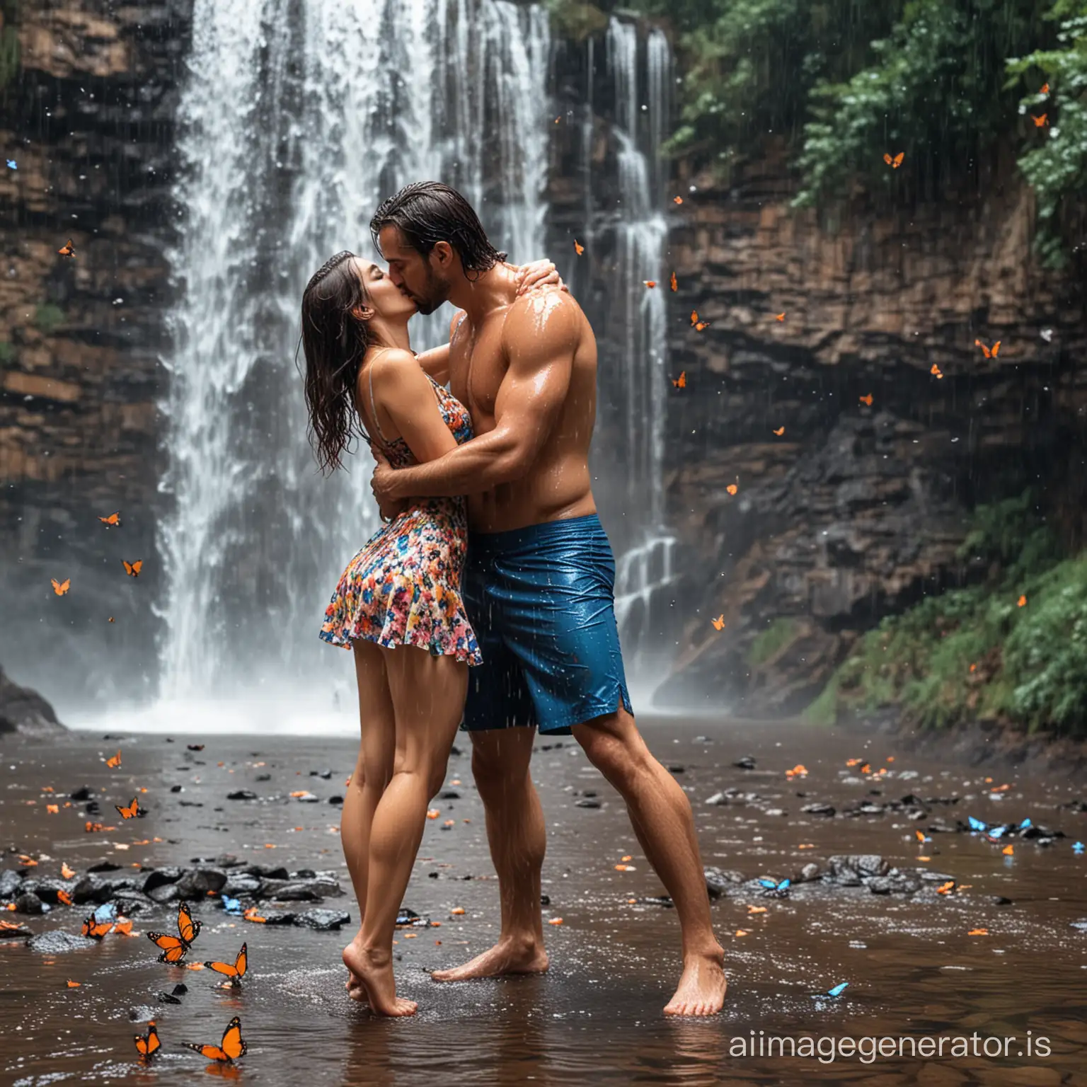 handsome sexy wet man aggressively passionately kissing mini dress wearing hot sexy wet woman on a wet bed in rain near a waterfall with lots of butterflies flying around
