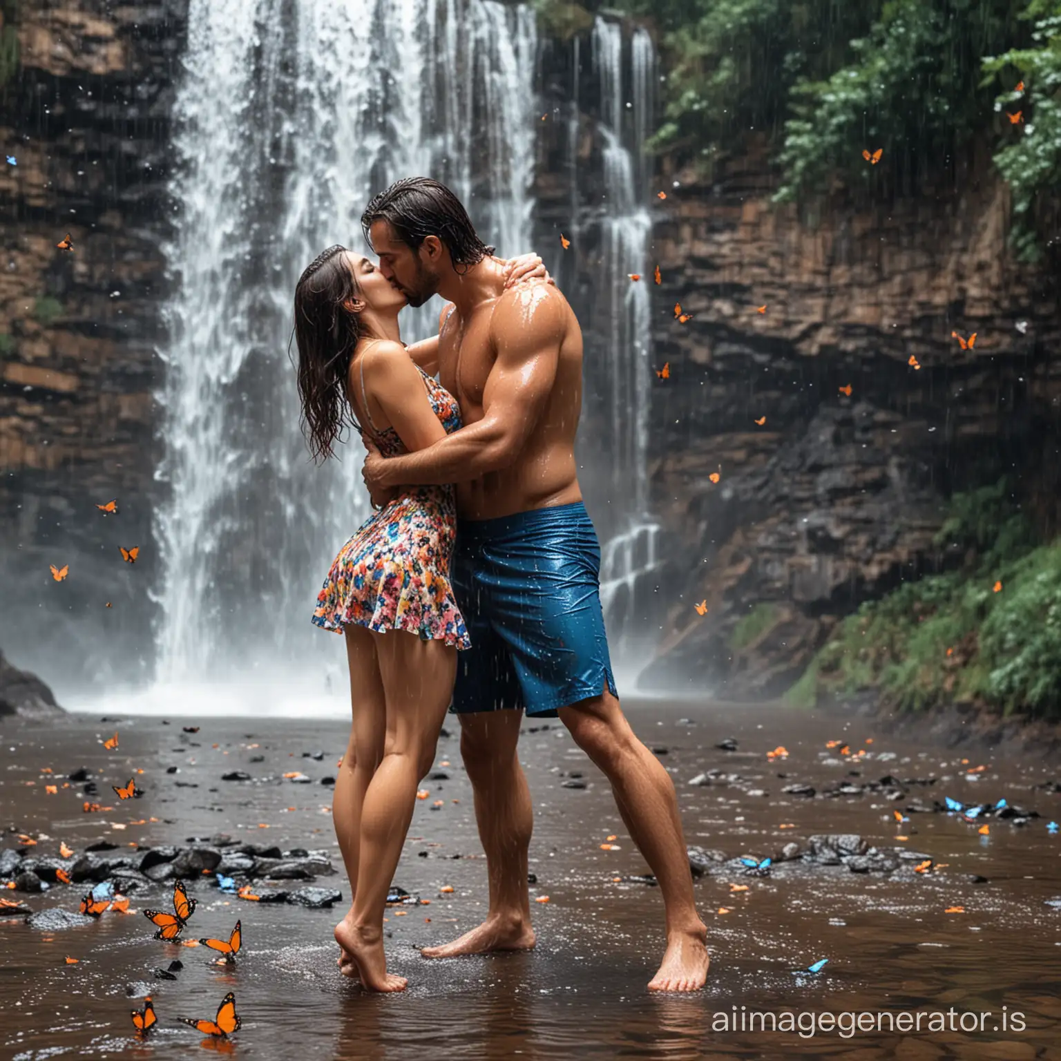 Passionate Romantic Kiss in Rain Wet Couple Embracing Near Waterfall with  Butterflies | AI Image Generator