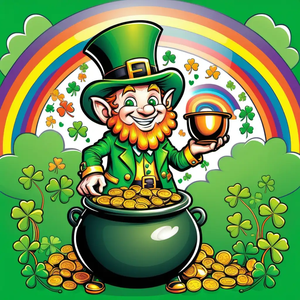 kids illustration, st Patricks day, leprechaun with shamrock and rainbow and pot of gold, cartoon style, thick lines, low detail, vivid color, -- ar, 9:11