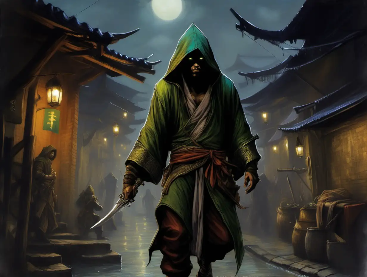Asian rogue man, hooded, rogues, hooded, city slums, night, Medieval fantasy painting, MtG art