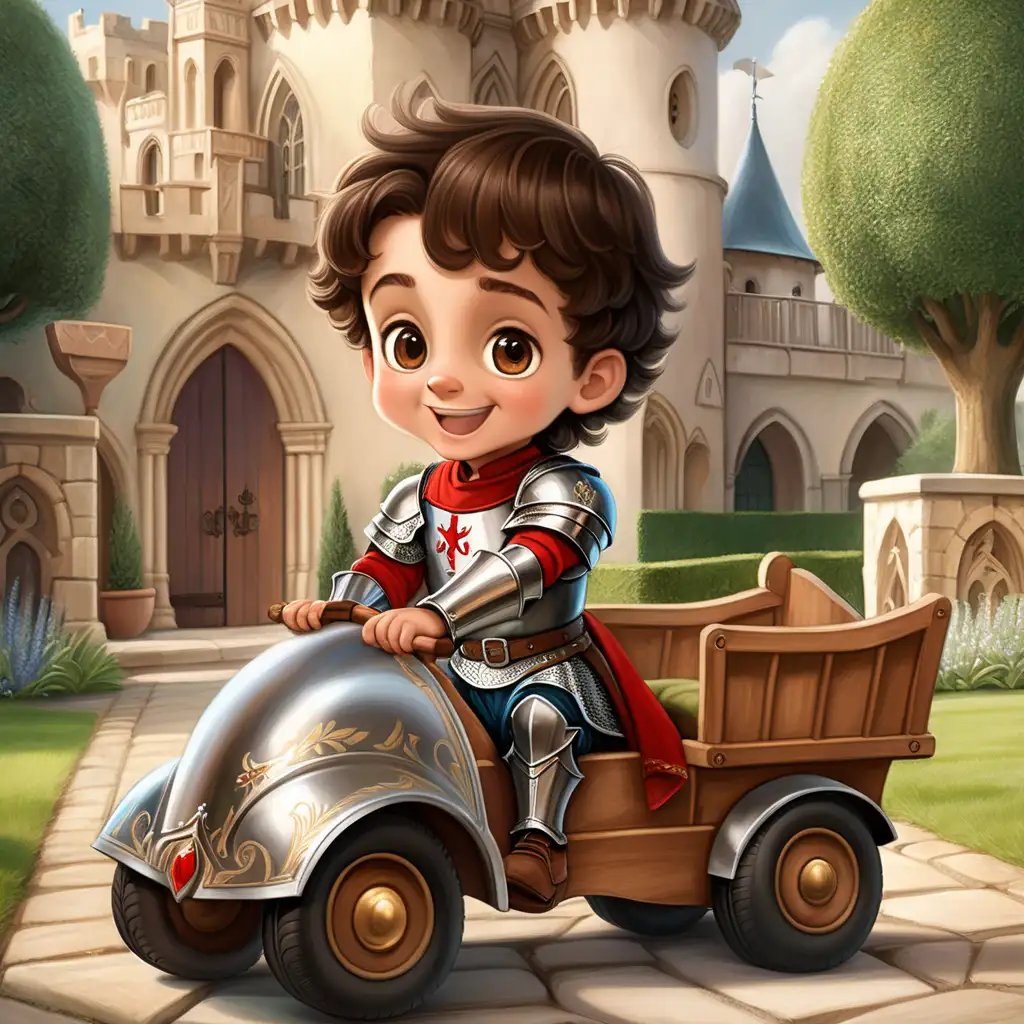 An adorable three year old prince boy with dark brown hair and wonderfully large, expressive brown almond-shaped eyes and slightly protruding ears, playing joyfully with a wooden vehicle, medieval setting. The background shows a beautiful garden in front of a palace, he is wearing silver knight armor and a red shirt underneath