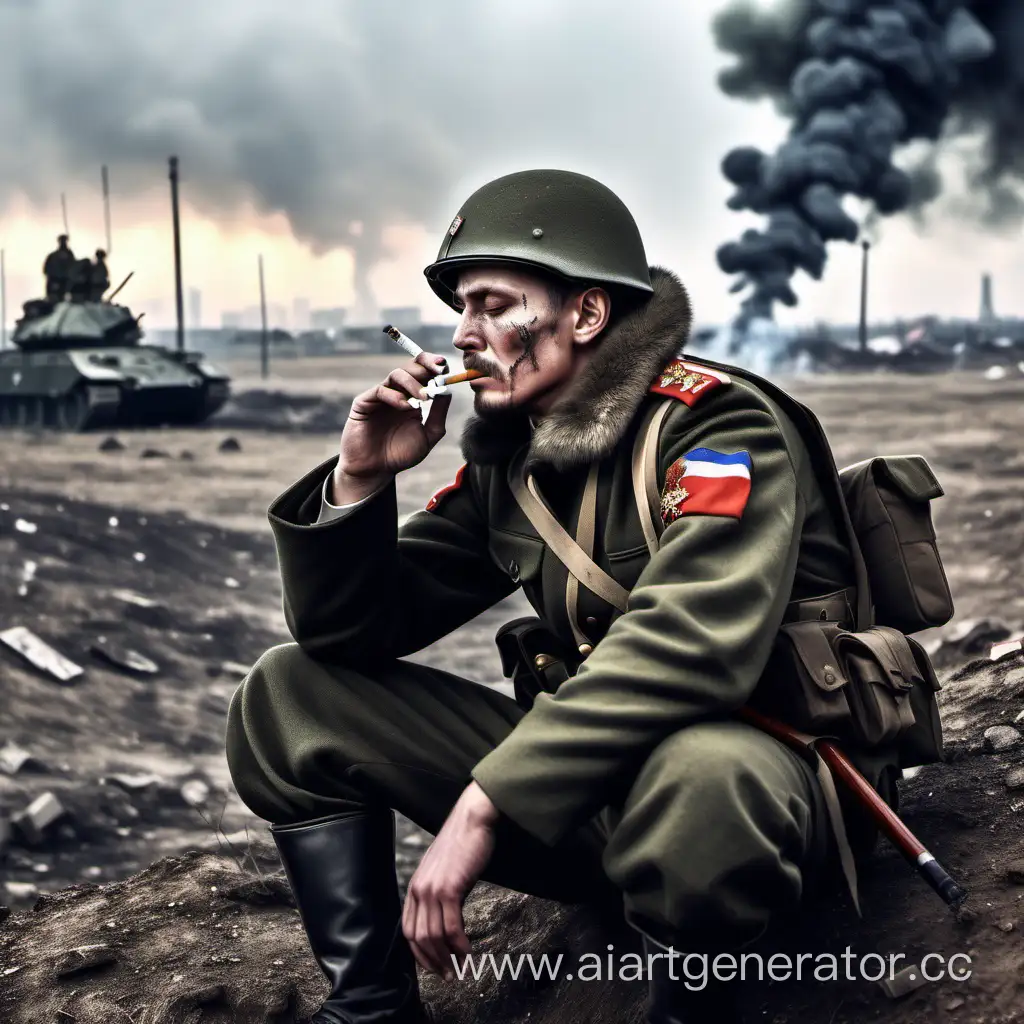 нарисовать  Русский солдат уставший курит сигарету, на заднем плане поле сражений