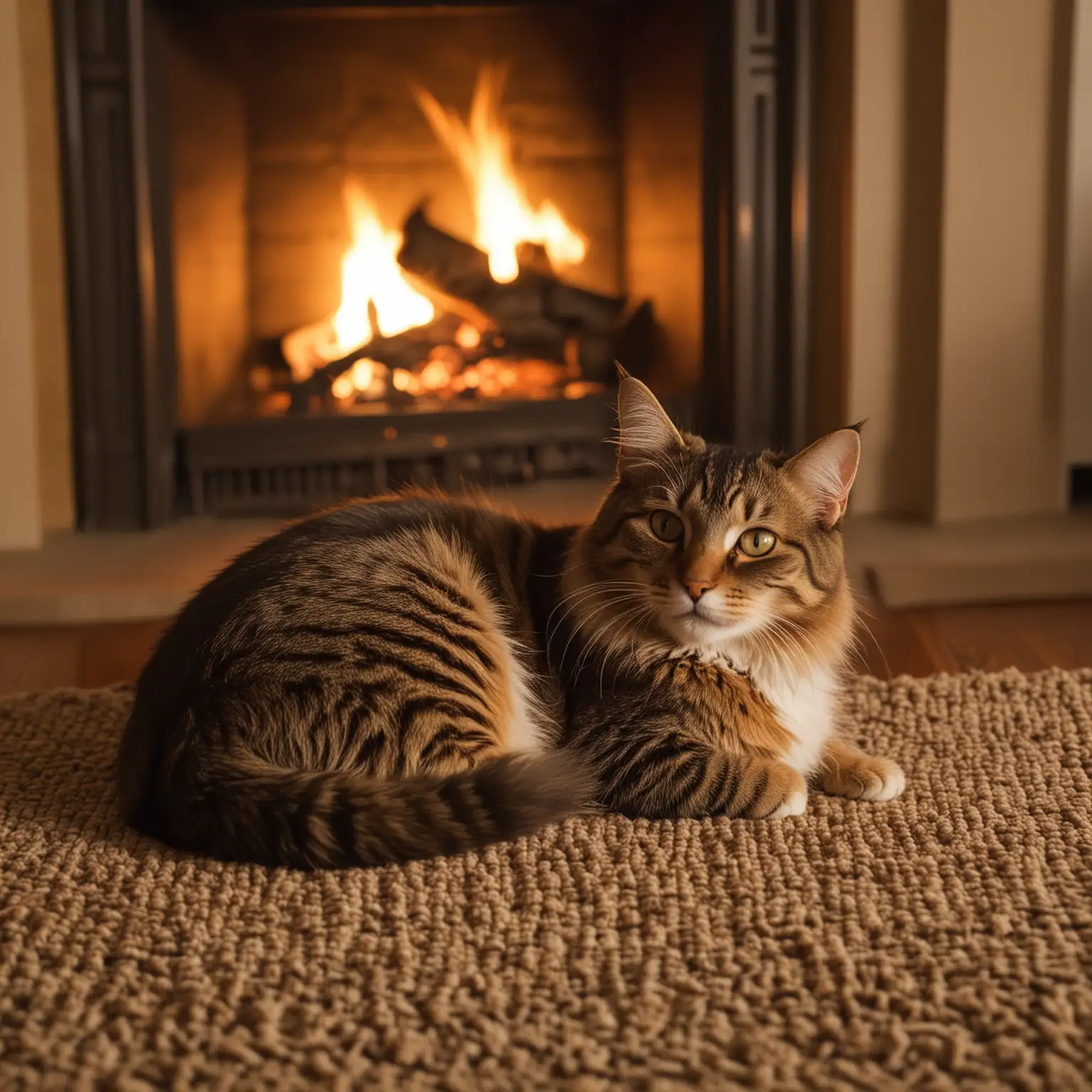 /imagine prompt: A cozy scene by the fireplace, with a fluffy tabby cat curled up on a plush rug, golden firelight casting warm shadows on the walls, capturing the essence of comfort and contentment, Photography, DSLR camera with a standard lens, f/4 aperture, --ar 16:9 --v 5