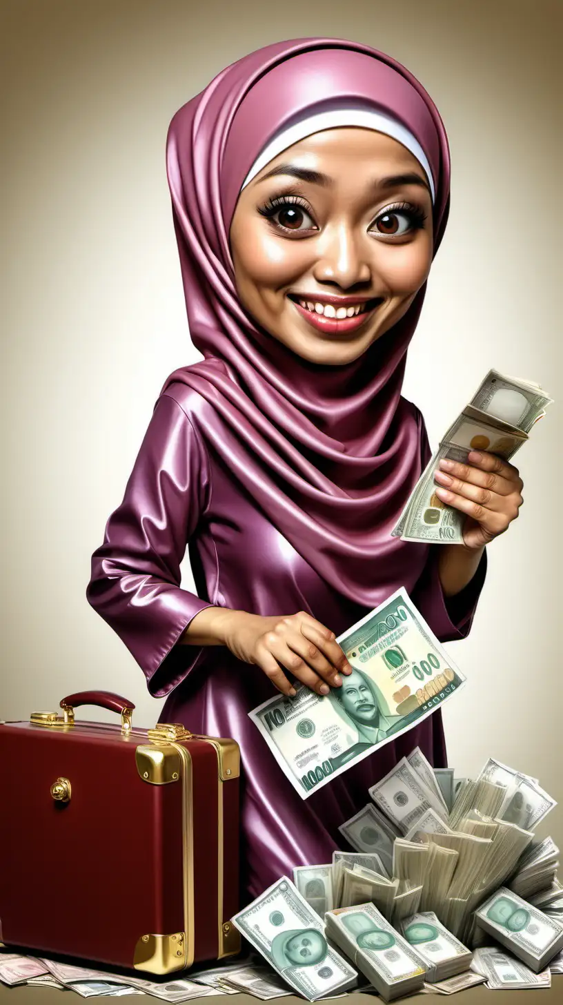 The  Caricature of malay woman age 40 wearing hijab and nice dress's, visualize her income goal from ringgit malaysia myr 4000 to myr 10000 per month. Her background surround malaysia ringgit money, gold and luxury item and traveling mood. Make it funny way