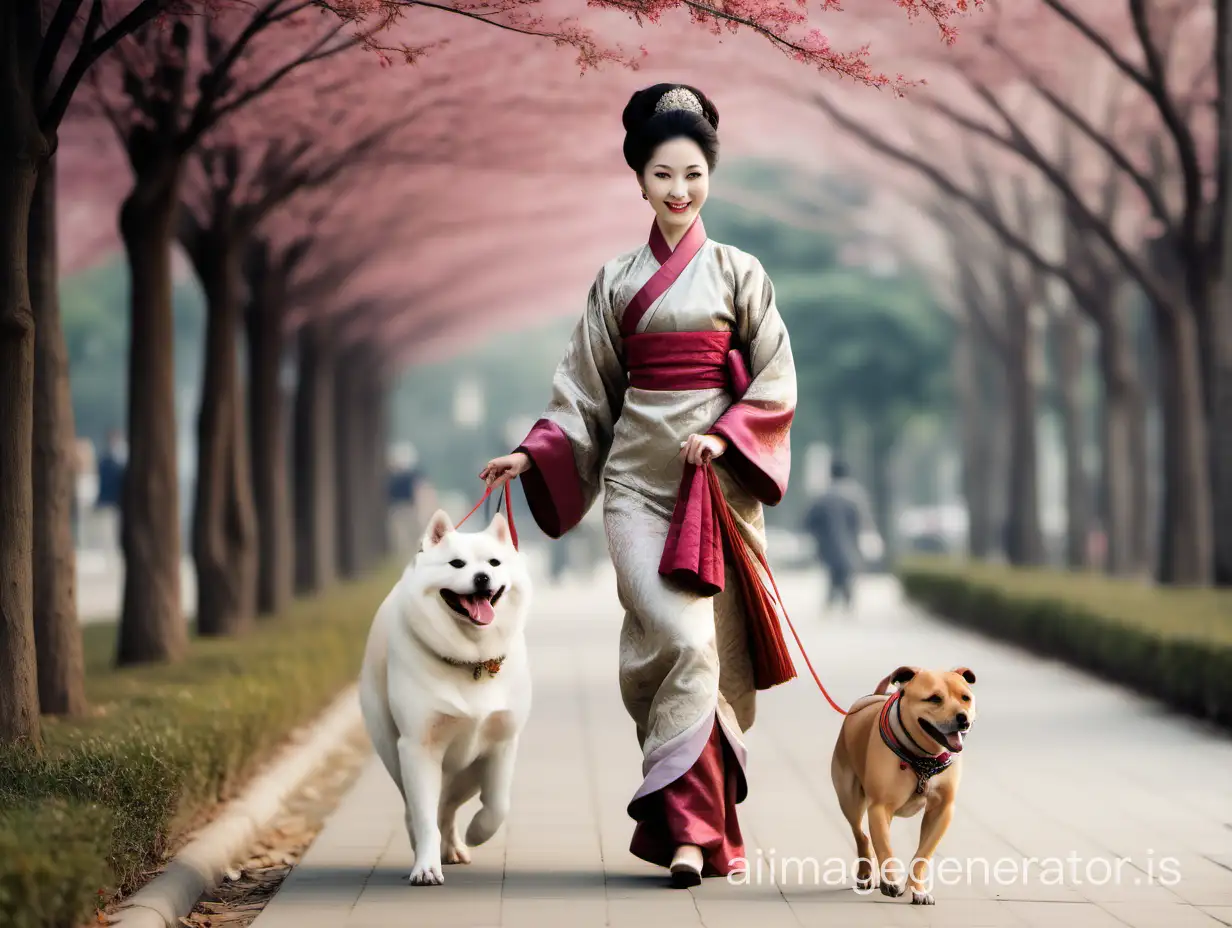 An oriental noblewoman walking her dog, elegant and graceful, with a captivating smile.