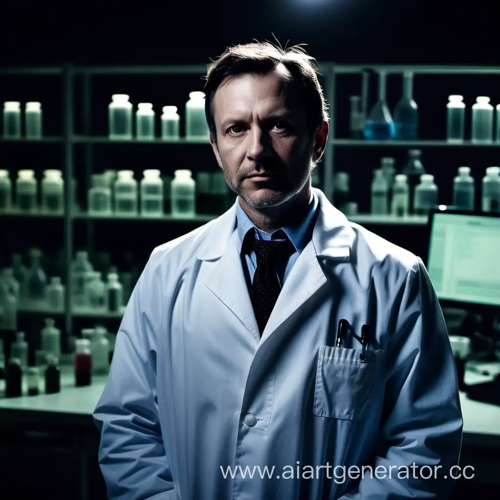 Сорокалетний мужчина в лабораторном халате на фоне слабоосвещенной лаборатории