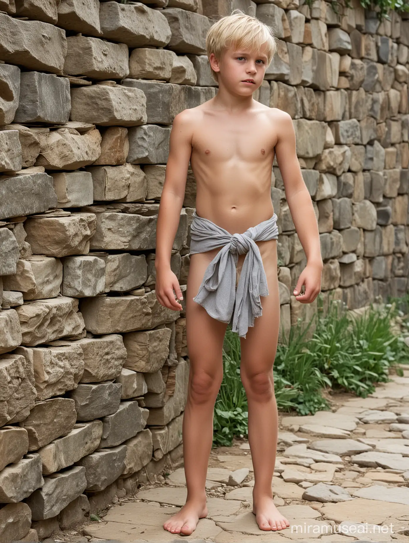 Blonde Slave Boy Standing Against a Stone Wall
