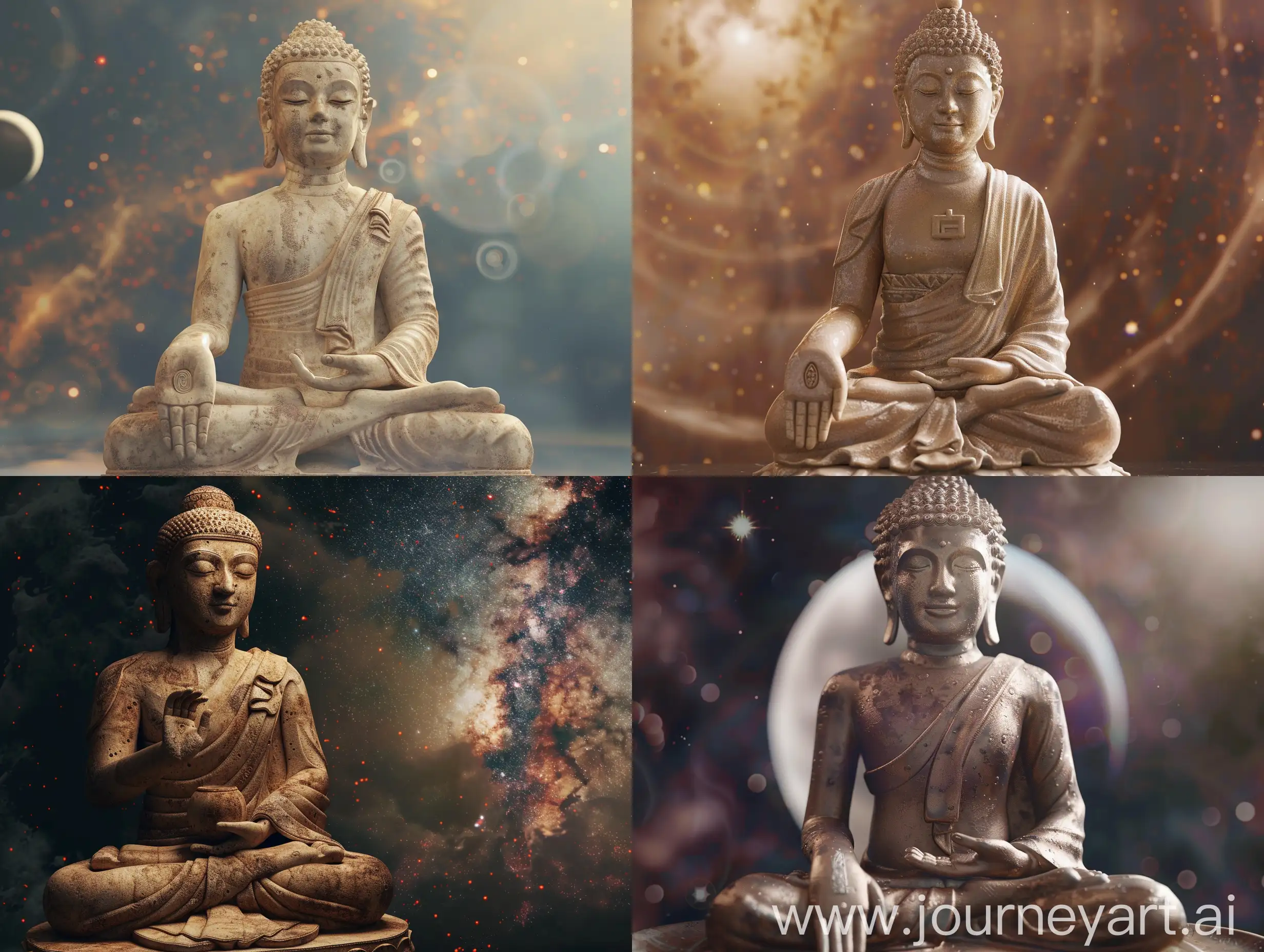 犍陀罗风格佛像结跏趺坐于宇宙之中，与愿印，面容俊美，2560×1600，照片级真实渲染