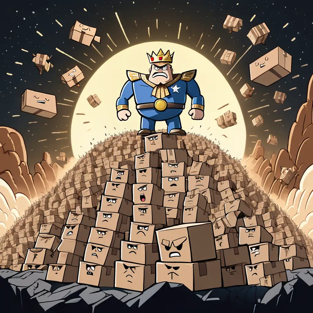  an angry big cardboard king, standing on a cliff, leading by giving an intense motivational speech to his huge army of little angry cardboard boxes.  Put this big army down the hill. They prepare to take over the universe.  Make it in  dark atmosphere with meteorites falling and lightning in the sky.  All in cartoon style
