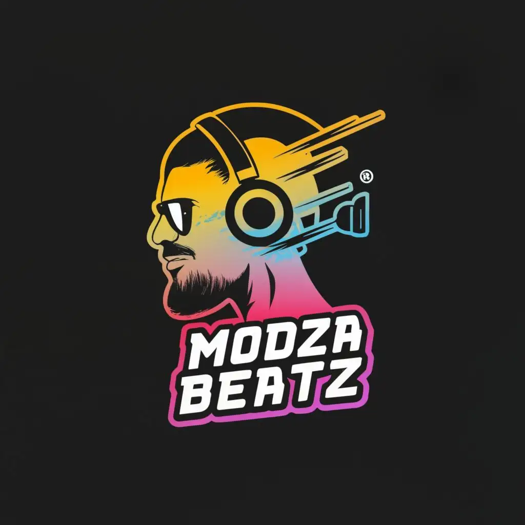 logo, black cool guy head wearing headphones, with the text "Modza Beatz", typography, be used in Entertainment industry