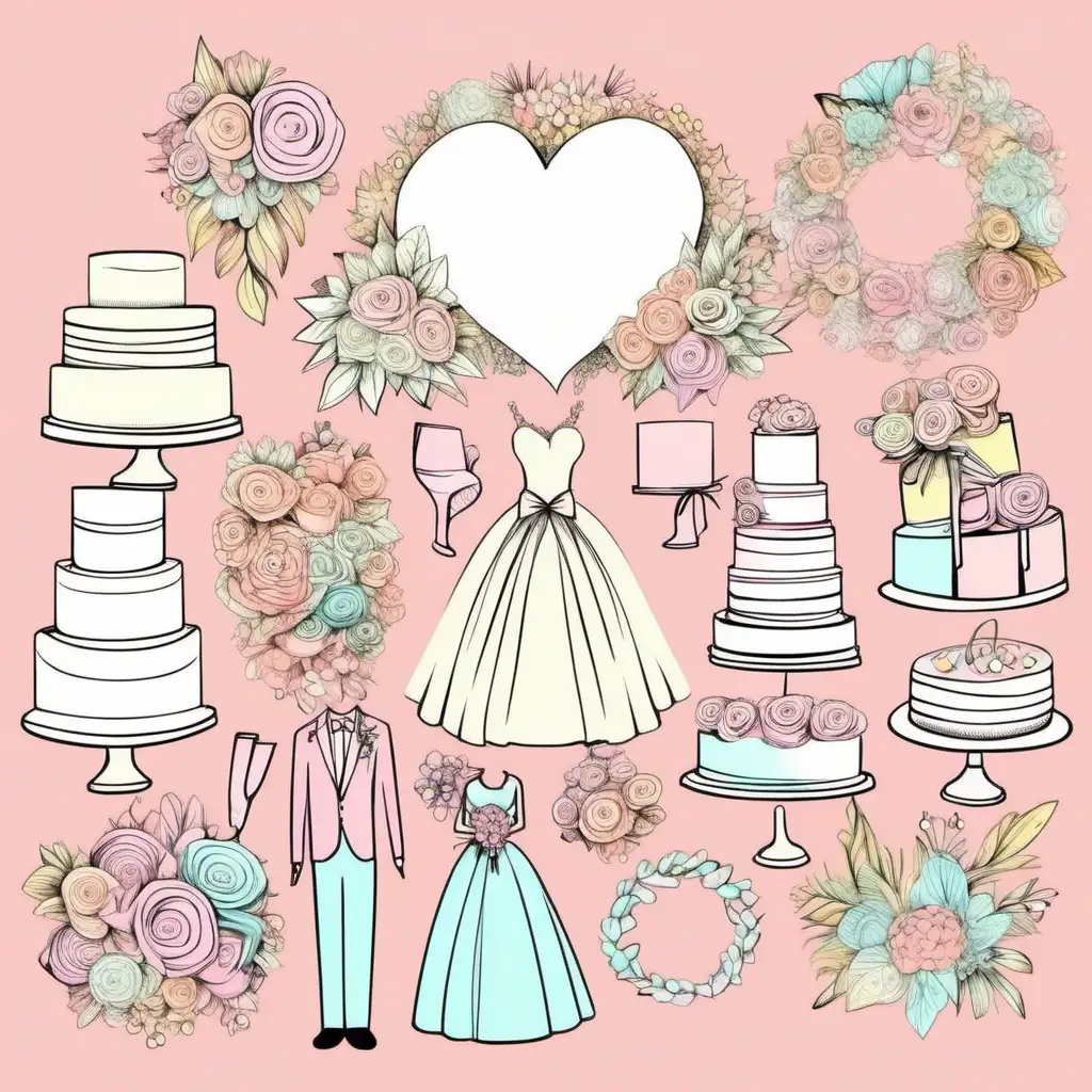 Handrawn illustration bright pastel wedding clip art elements