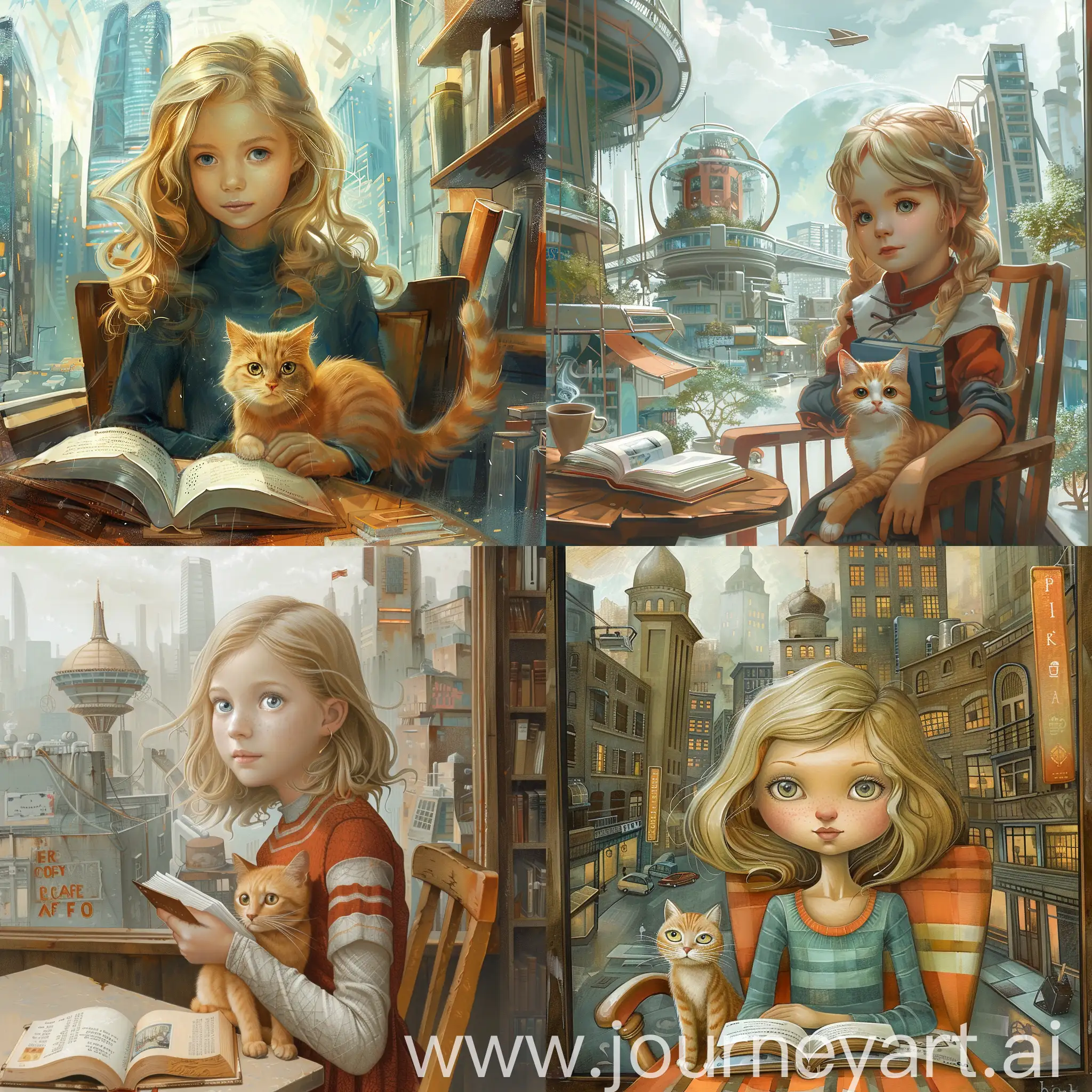 Blonde-Girl-Reading-Book-in-Modern-City-Cafe-with-Ginger-Cat