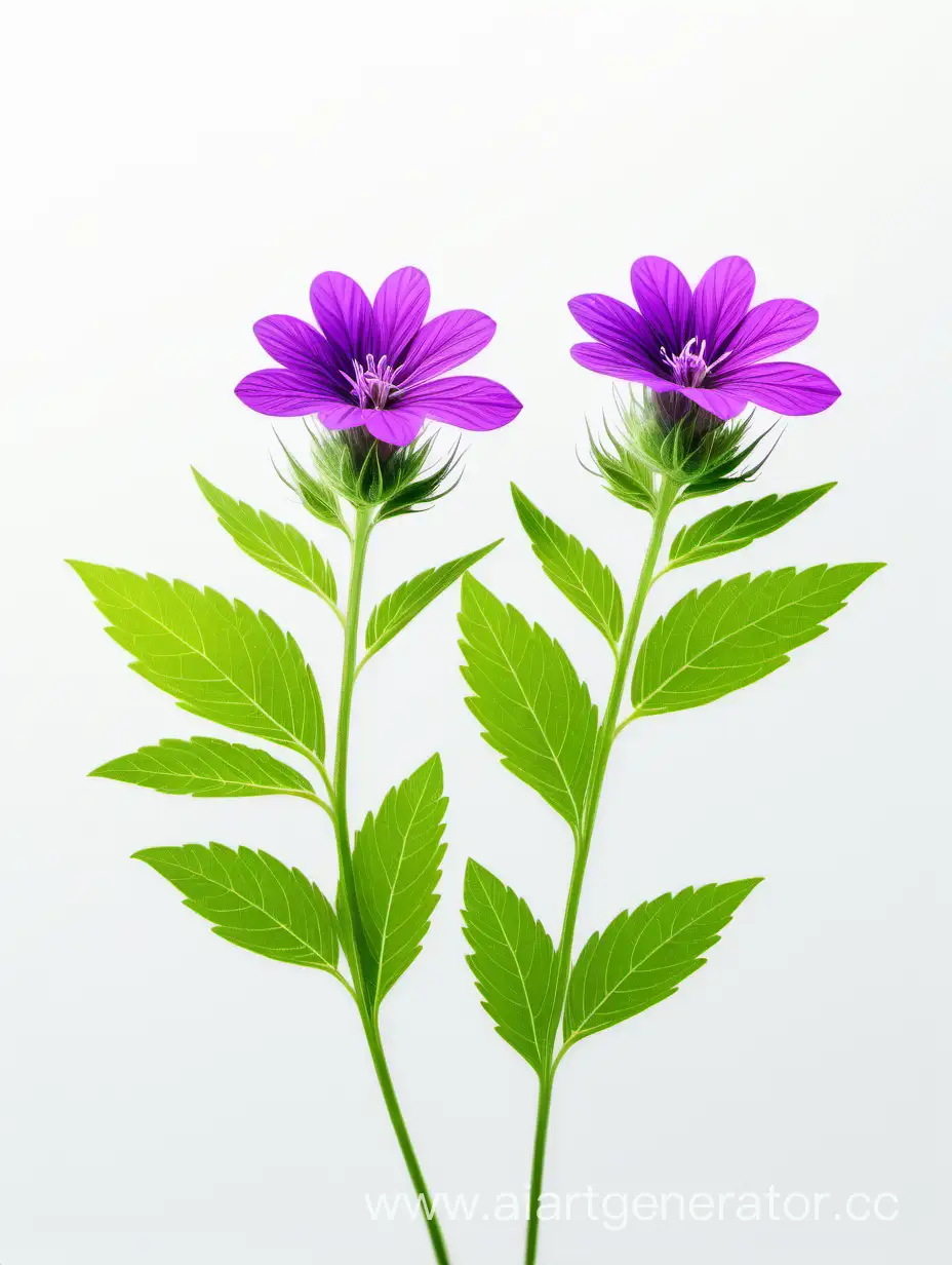 2 PURPLE wild flower 8k with natural fresh green leaves on white background 