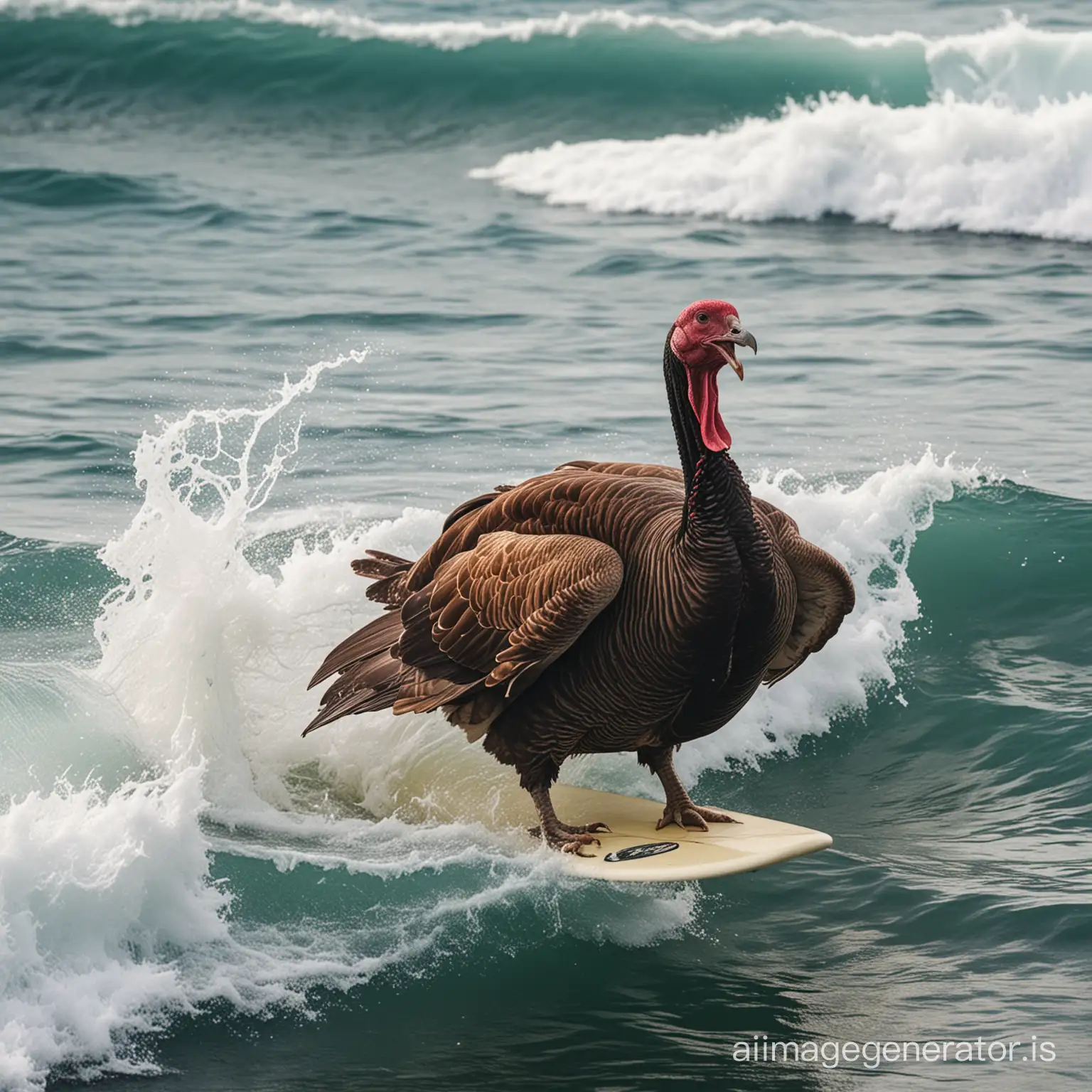 a photo of a turkey surfing in the ocean