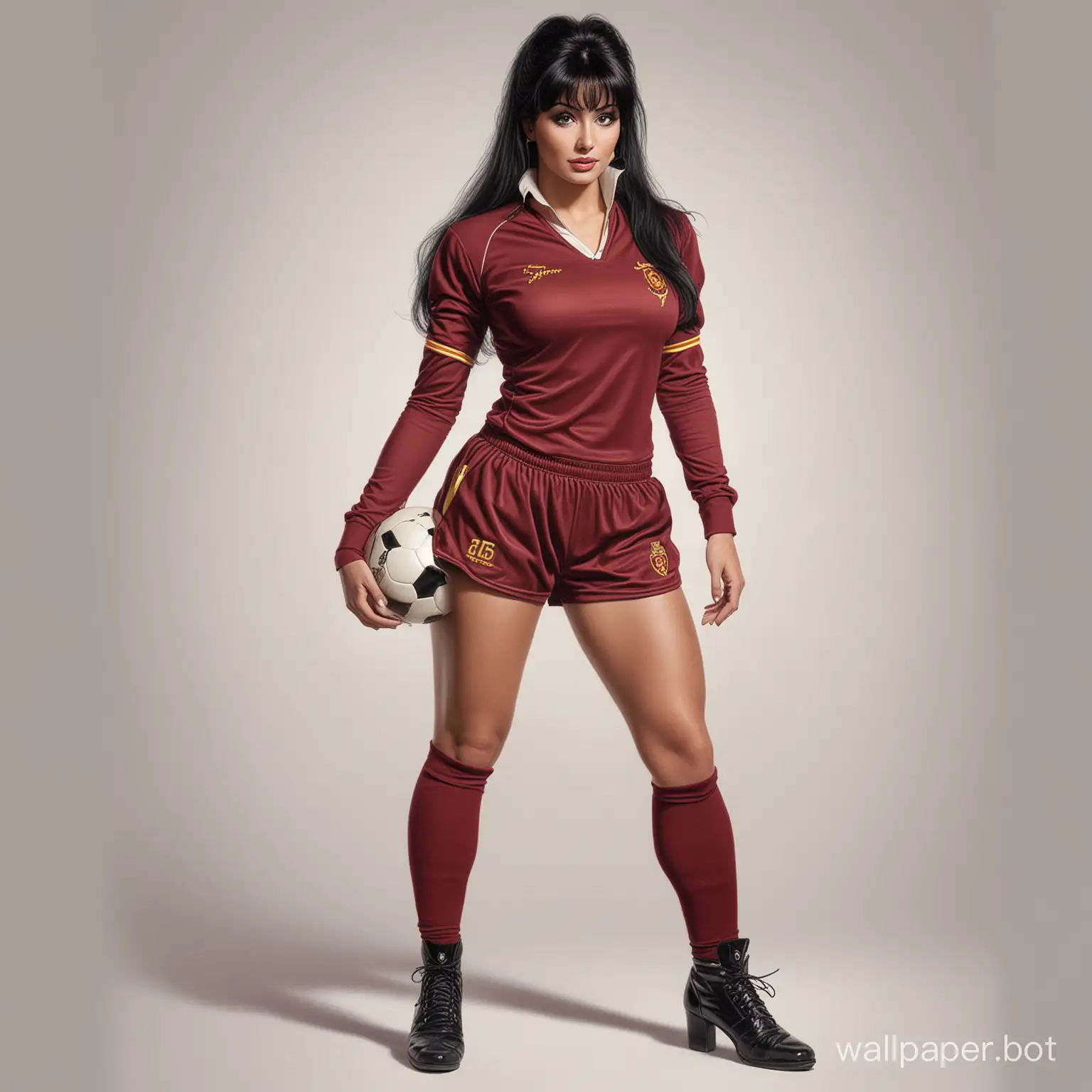 Sketch 'Elvira' 25 years old, dark hair, size 4 breasts, narrow waist, in a burgundy soccer uniform, on a white background, white background, highly realistic masterpiece, style of Boris Vallejo, portrait 16K.