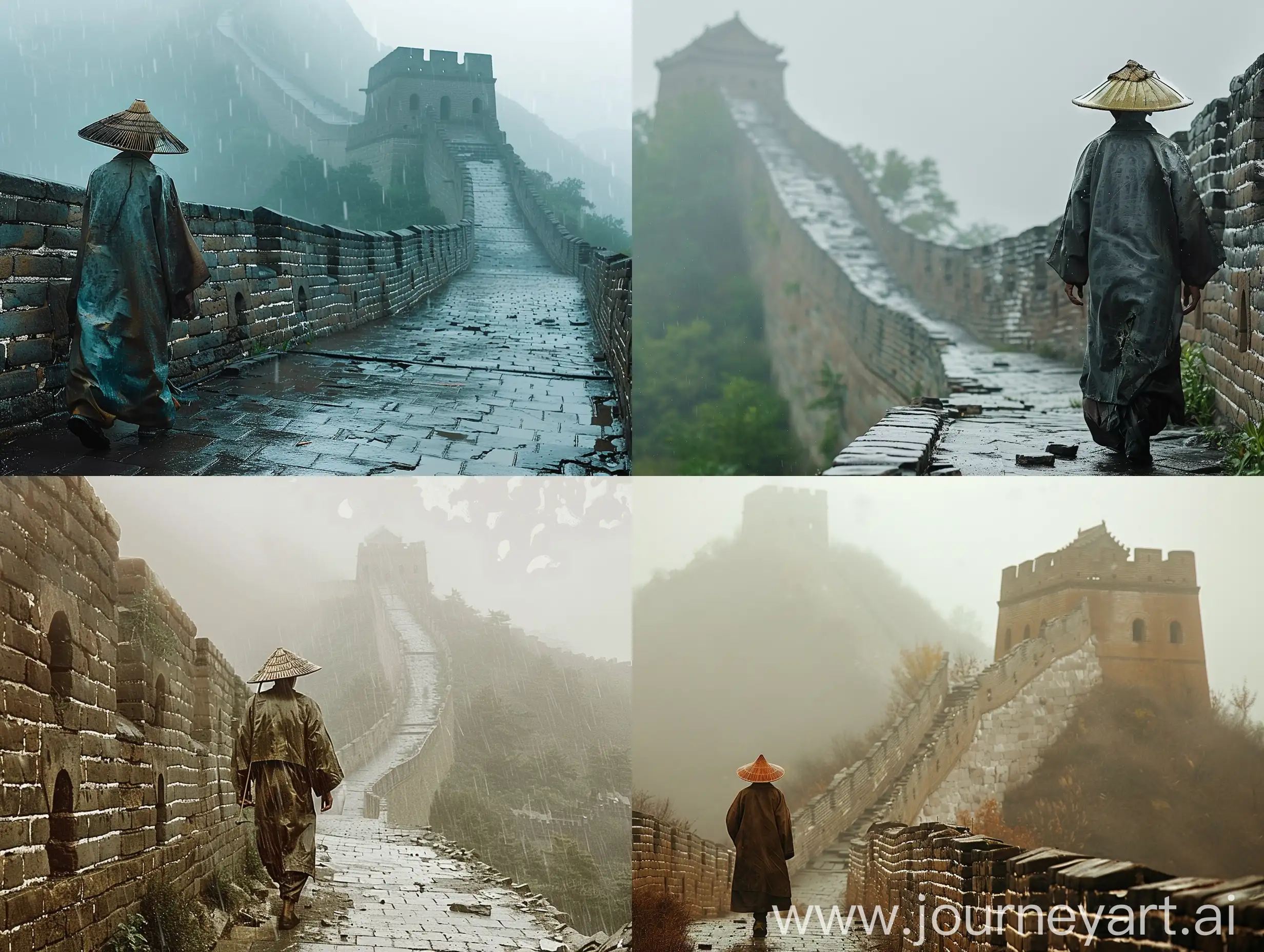 Misty-Rainy-Day-Stroll-Ancient-Man-Walking-on-Broken-Great-Wall