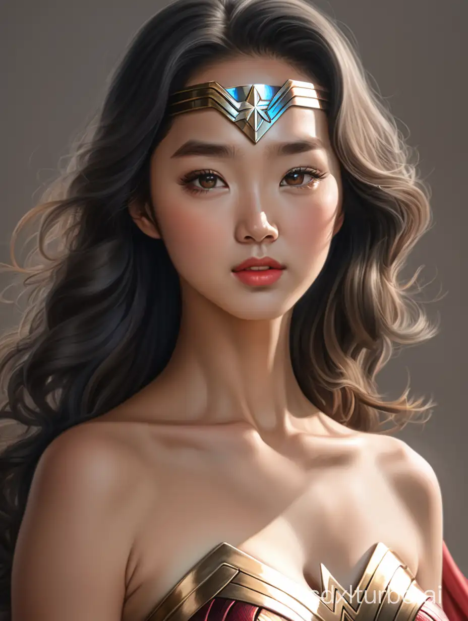 Full length, Stuning beauty South Korean teenager girl is Wonder Woman Dress up, Delicate Smooth female, bust Portrait, Asian actress face, super Clear facial details, elegant, realistic: 1, Perspective, highly detailed, digital painting, art station, concept art, Smooth, Sharp focus, illustration, 8k
