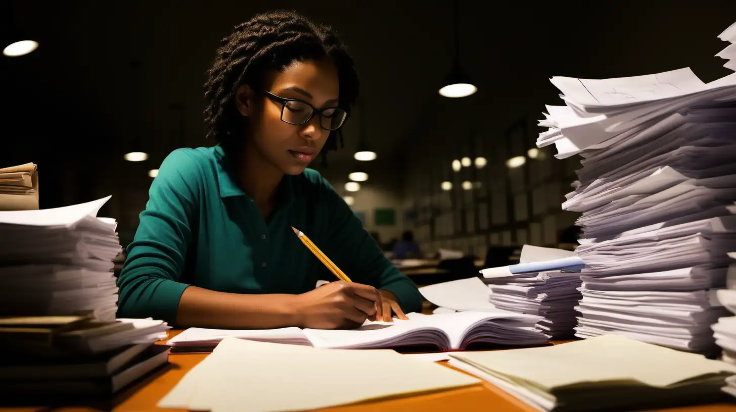 Capture the essence of a teacher grading papers late into the night, surrounded by stacks of assignments and a cup of coffee, reflecting the tireless commitment to education and shaping young minds.