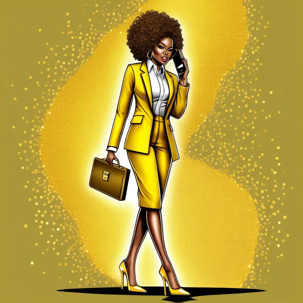 An african american woman in a yellow and white suit with yellow high heels; a cell phone in one hand and a briefcase in the other, walking to the right, with a gold glitter background digital art in a realistic cartoon image, with a curly hairstyle
