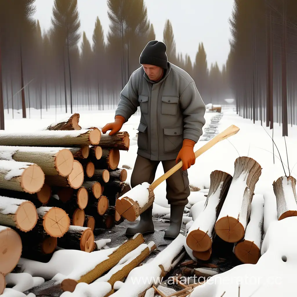 Winter-Wood-Collection-Man-Gathering-Logs-in-Melting-Snow