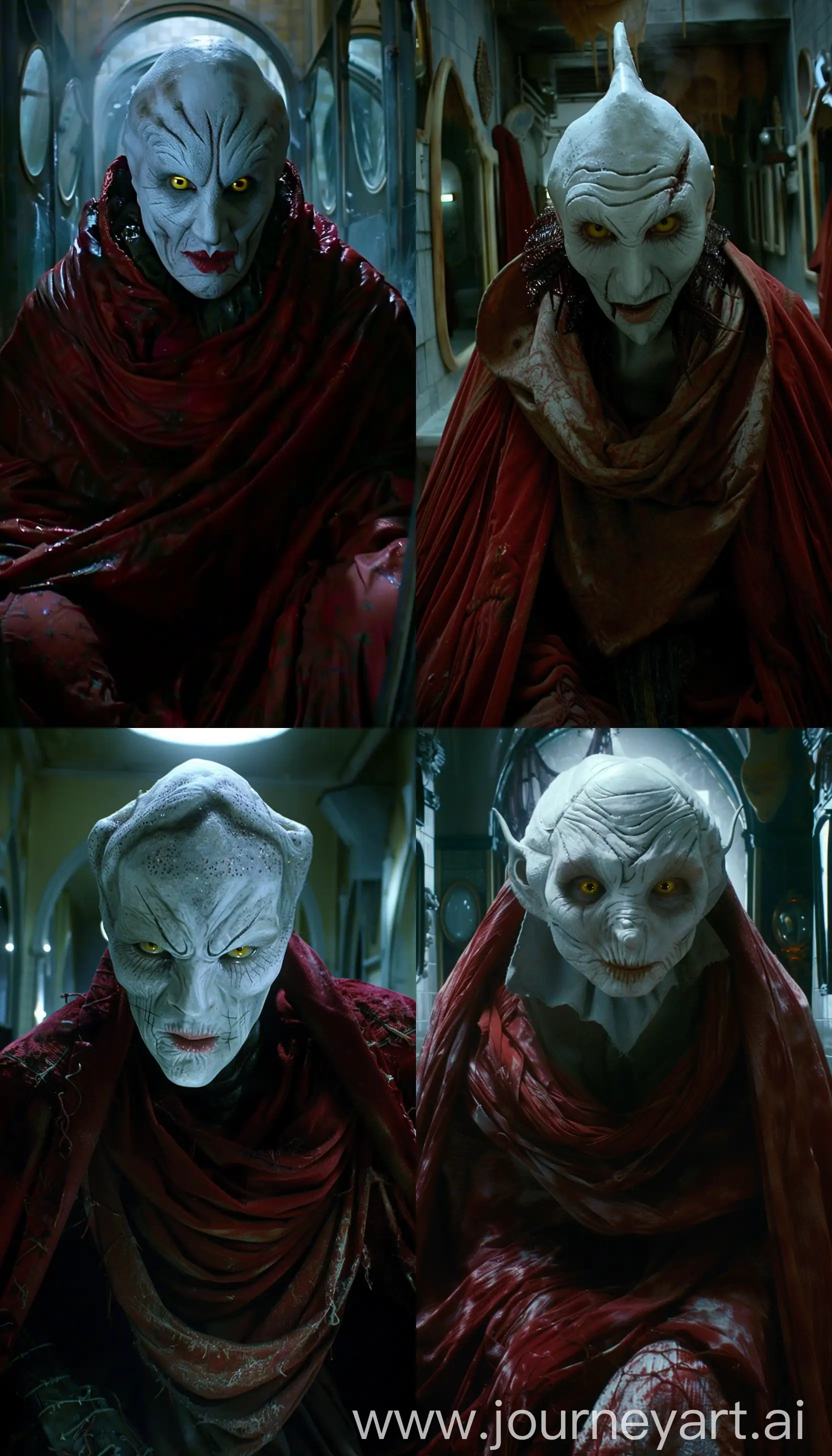 Akamanto with a white mask lacking eyebrows, yellow irises, and both upper and lower eyelids blackened, wearing a red cape that covers the entire body, no nose, large mouth, thin, dry, and red lips, looking at the camera, sitting in the middle of a school bathroom with mirrors on the walls in special effects makeup (SFX) style similar to Pan's Labyrinth with a sense of horror and dark colors, terror, weird, strange --sref  https://www.neillsmaterials.co.uk/wp-content/uploads/2023/09/horror-films-with-great-sfx-makeup-Pans-Labyrinth.webp  --v 6 --ar 4:7