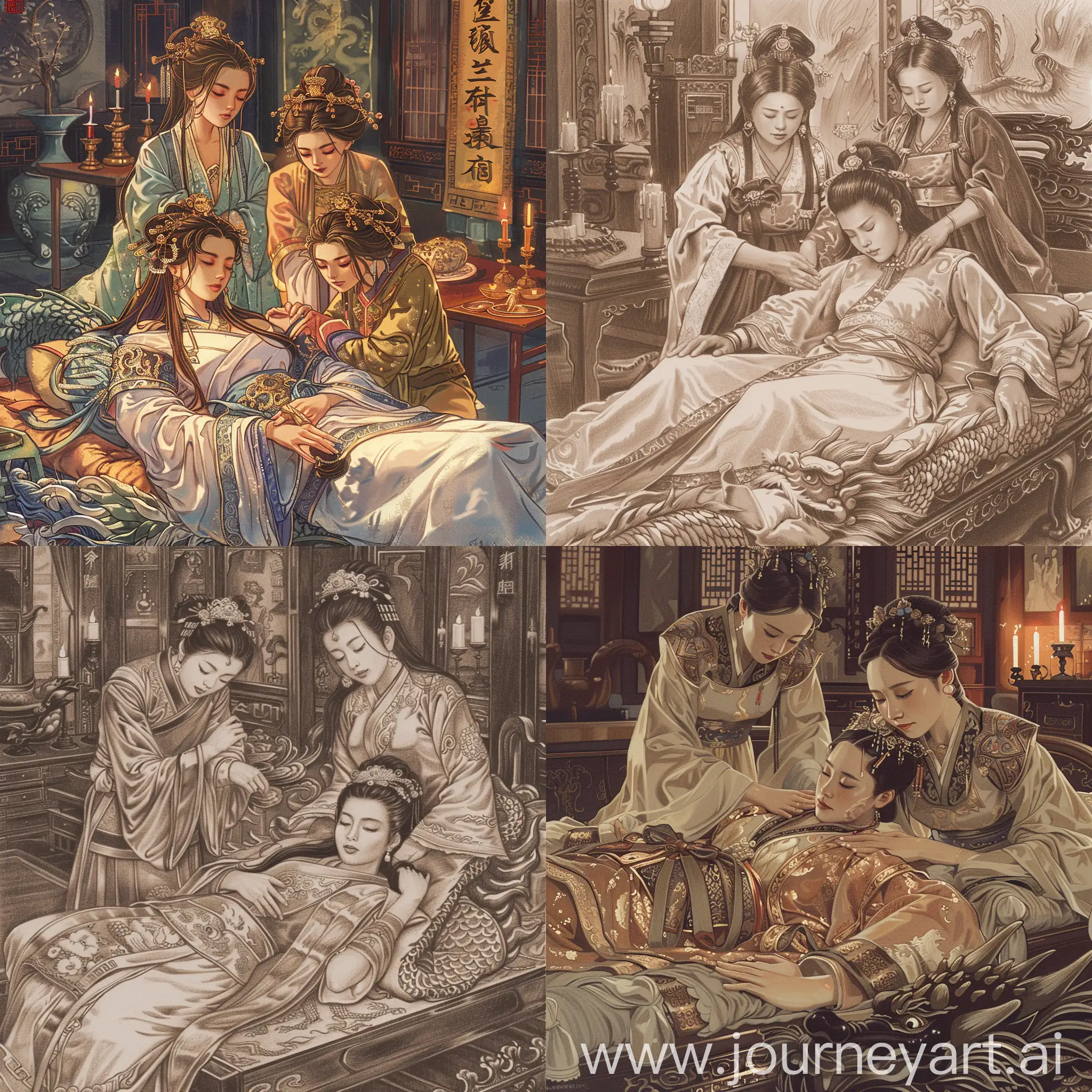 Chinese-Empress-Resting-Luxurious-Scene-with-Attendants-and-Candlelight